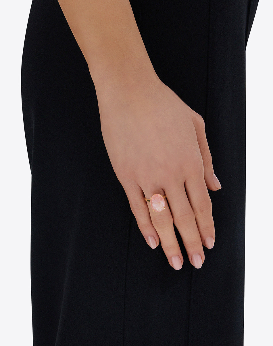 "Ipanema Sol" ring in polished gold, with triplet of rutilated quartz, mother-of-pearl and pink jade (large)