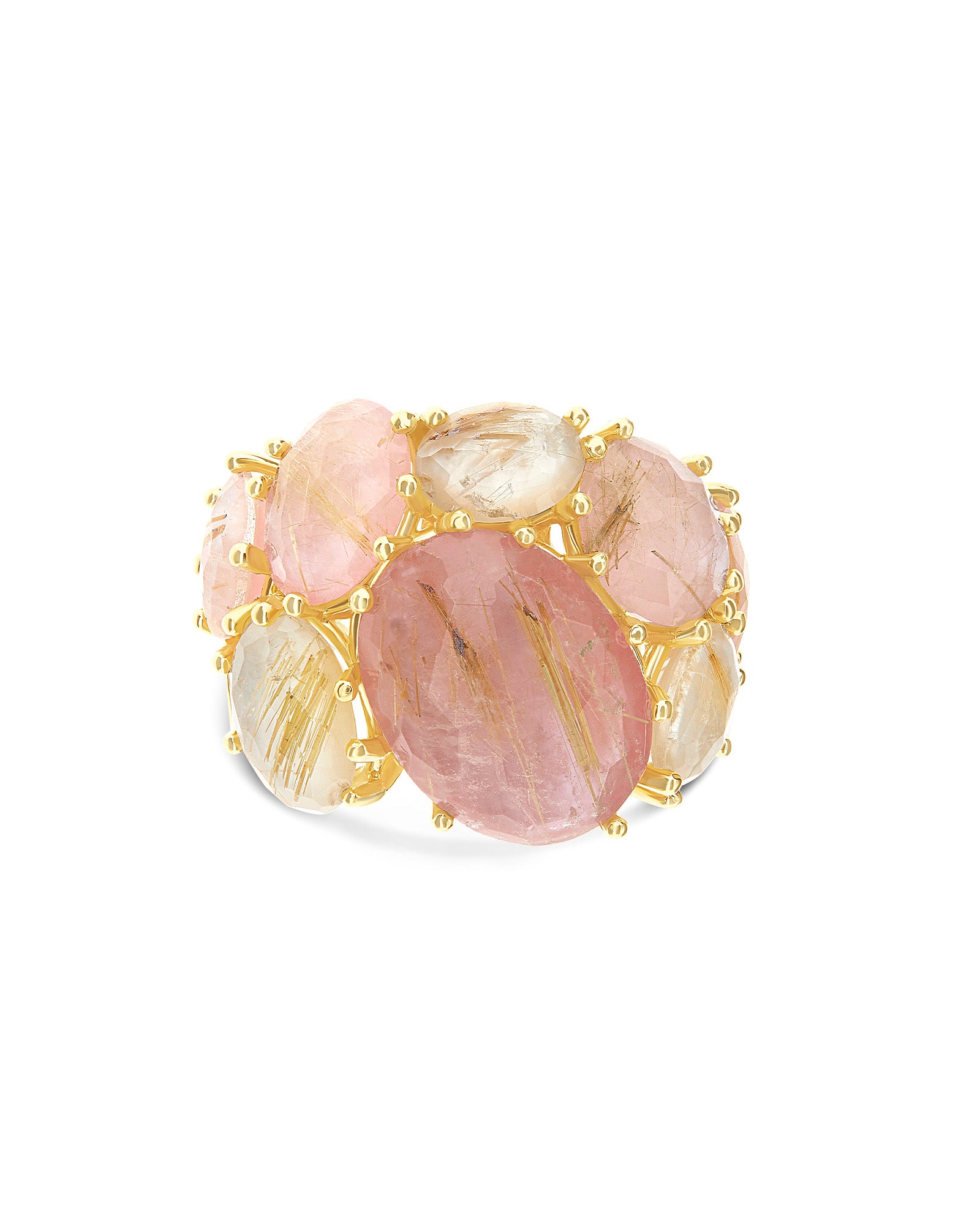 "Ipanema Sol" band ring in polished gold, with triplet of rutilated quartz, mother-of-pearl and pink jade
