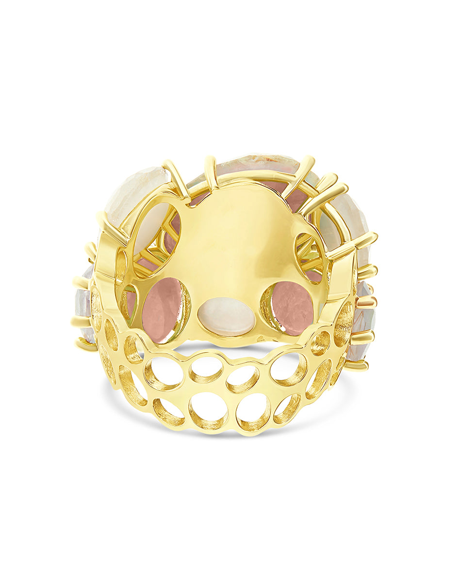 "Ipanema Sol" band ring in polished gold, with triplet of rutilated quartz, mother-of-pearl and pink jade