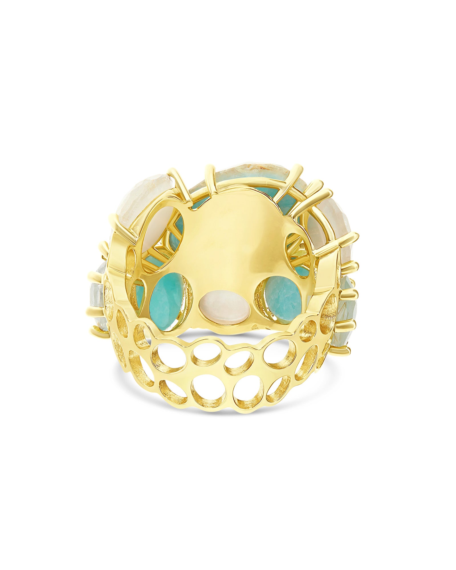 "Ipanema Maré" band ring in polished gold, with triplet of rutilated quartz, mother-of-pearl and amazonite