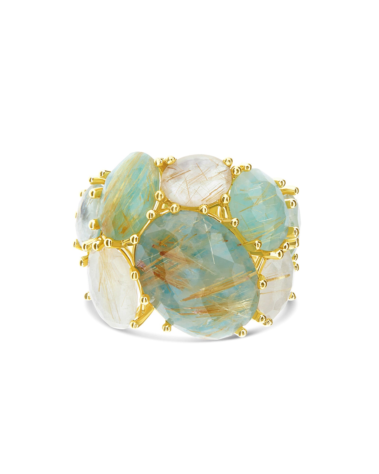 "Ipanema Maré" band ring in polished gold, with triplet of rutilated quartz, mother-of-pearl and amazonite