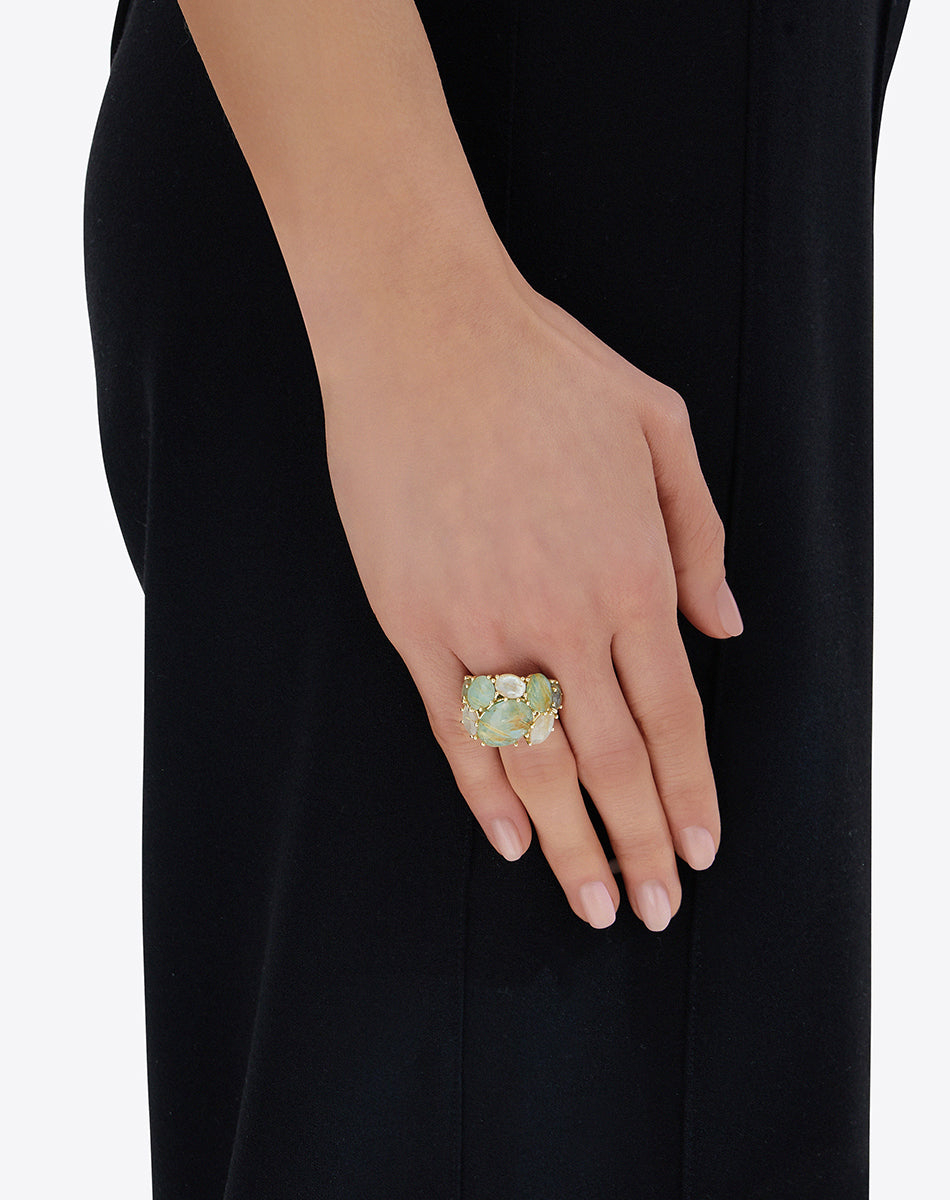 "Ipanema Maré" band ring in polished gold, with triplet of rutilated quartz, mother-of-pearl and amazonite