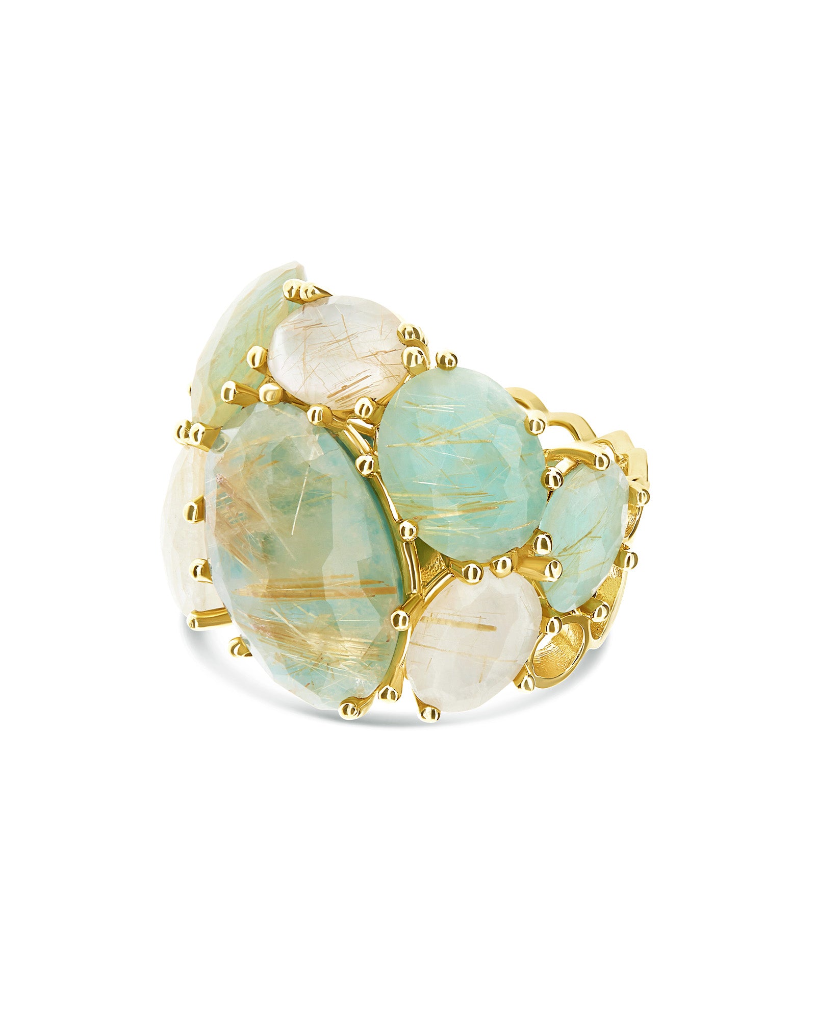 "Ipanema Maré" band ring in polished gold, with triplet of rutilated quartz, mother-of-pearl and amazonite