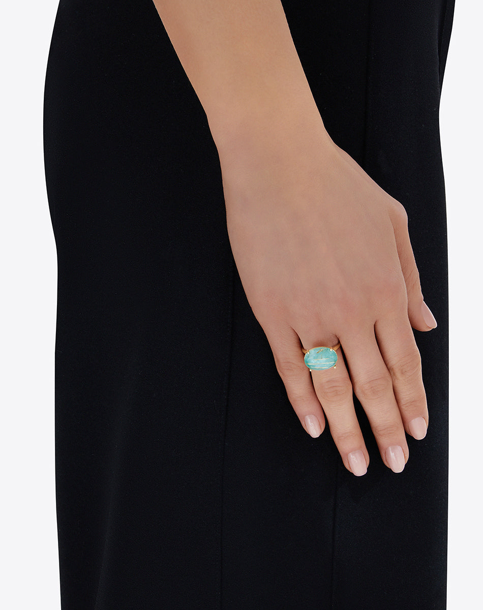 "Ipanema Maré" ring in polished gold, with triplet in rutilated quartz, mother-of-pearl and amazonite (large)