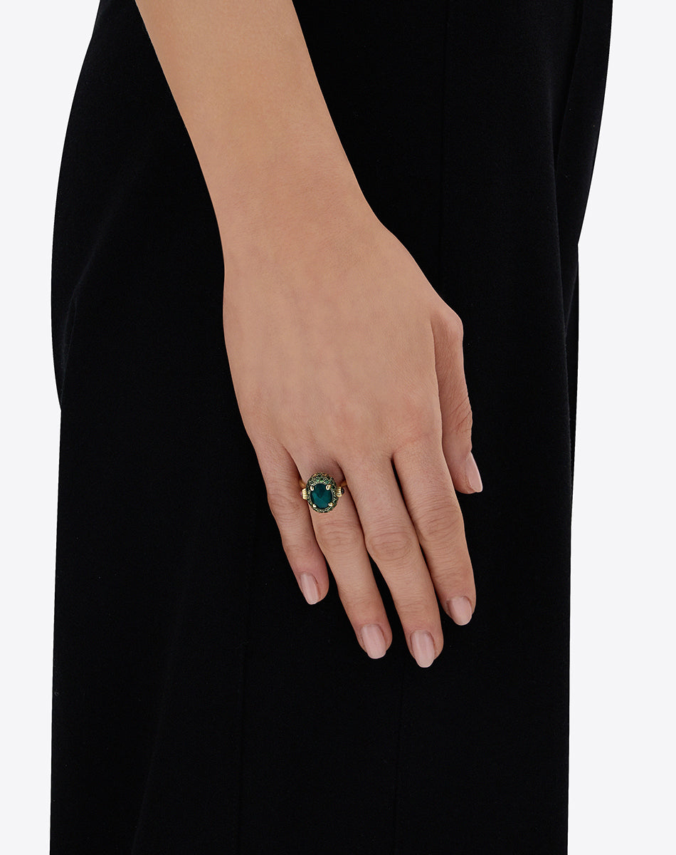"Reverse" Gold, Sapphire, Tsavorite, Amethyst, Green Labradorite and Rock Crystal Double-face Ring (MEDIUM)