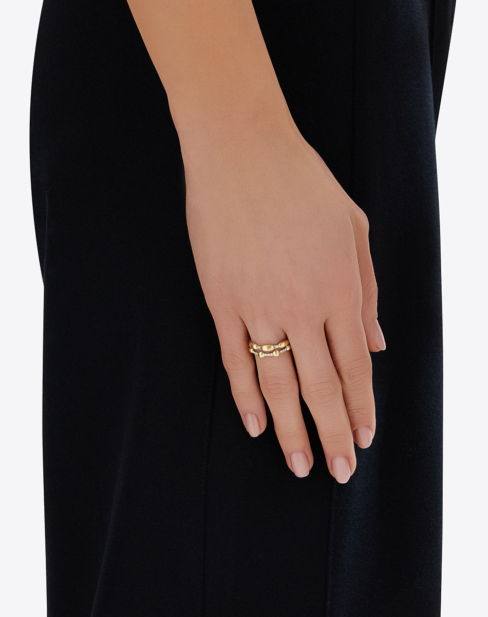 "Élite" Irregular Gold boules and diamonds bars double-band Ring