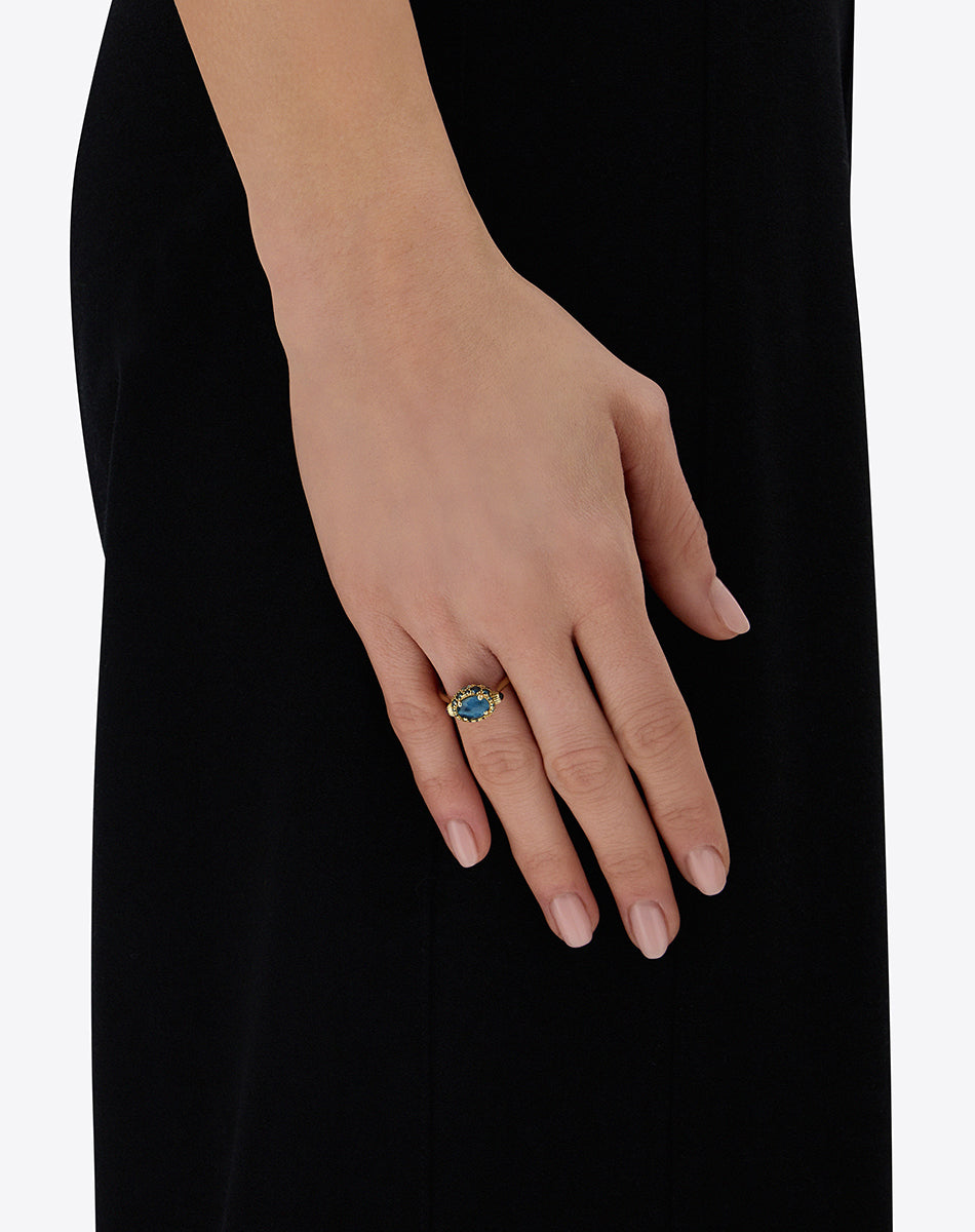 "Reverse" Gold, Blue Diamonds, Swiss Blue Topaz, Green Sapphires and London Blue Topaz Double-face Ring (SMALL)