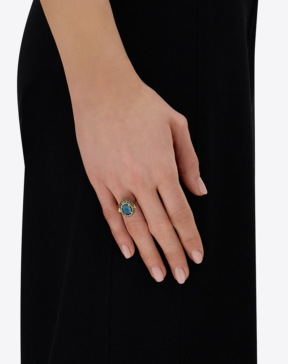 "Reverse" Gold, Blue Diamonds, Swiss Blue Topaz, Green Sapphires and London Blue Topaz Double-face Ring (MEDIUM)