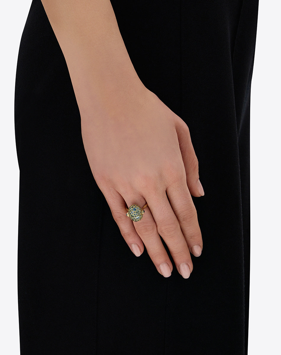 "Reverse" Gold, Blue Diamonds, Swiss Blue Topaz, Green Sapphires and London Blue Topaz Double-face Ring (MEDIUM)