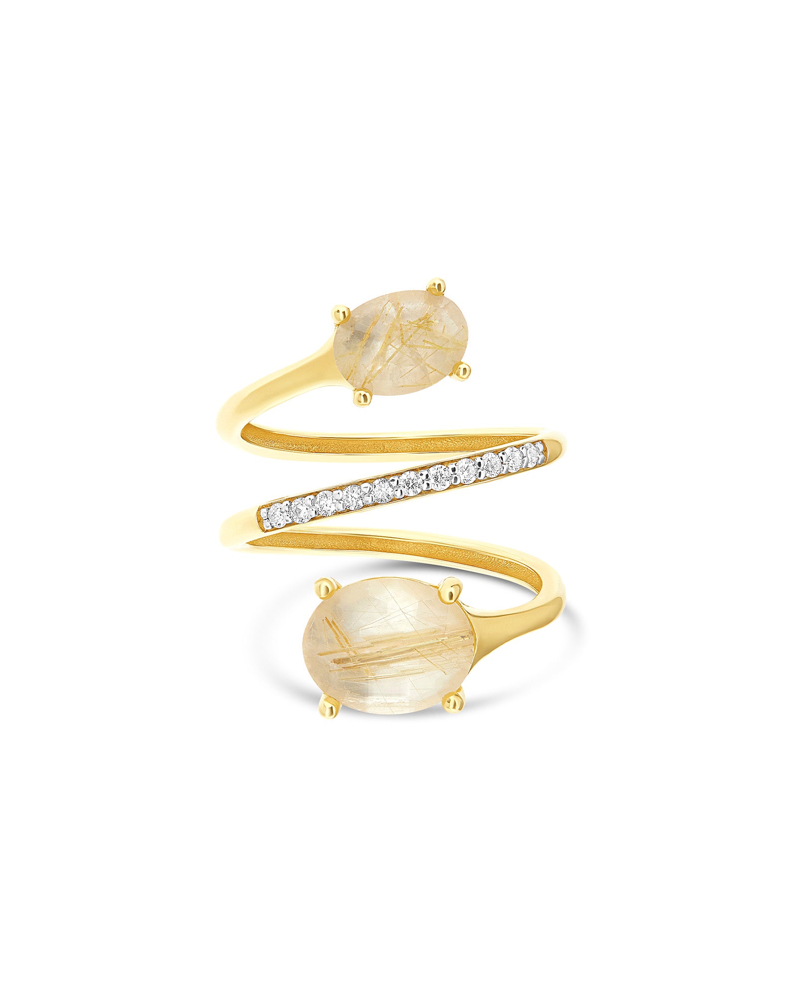 "Ipanema Duna" bypass ring in polished gold, with doublet in rutilated quartz, mother-of-pearl and diamonds