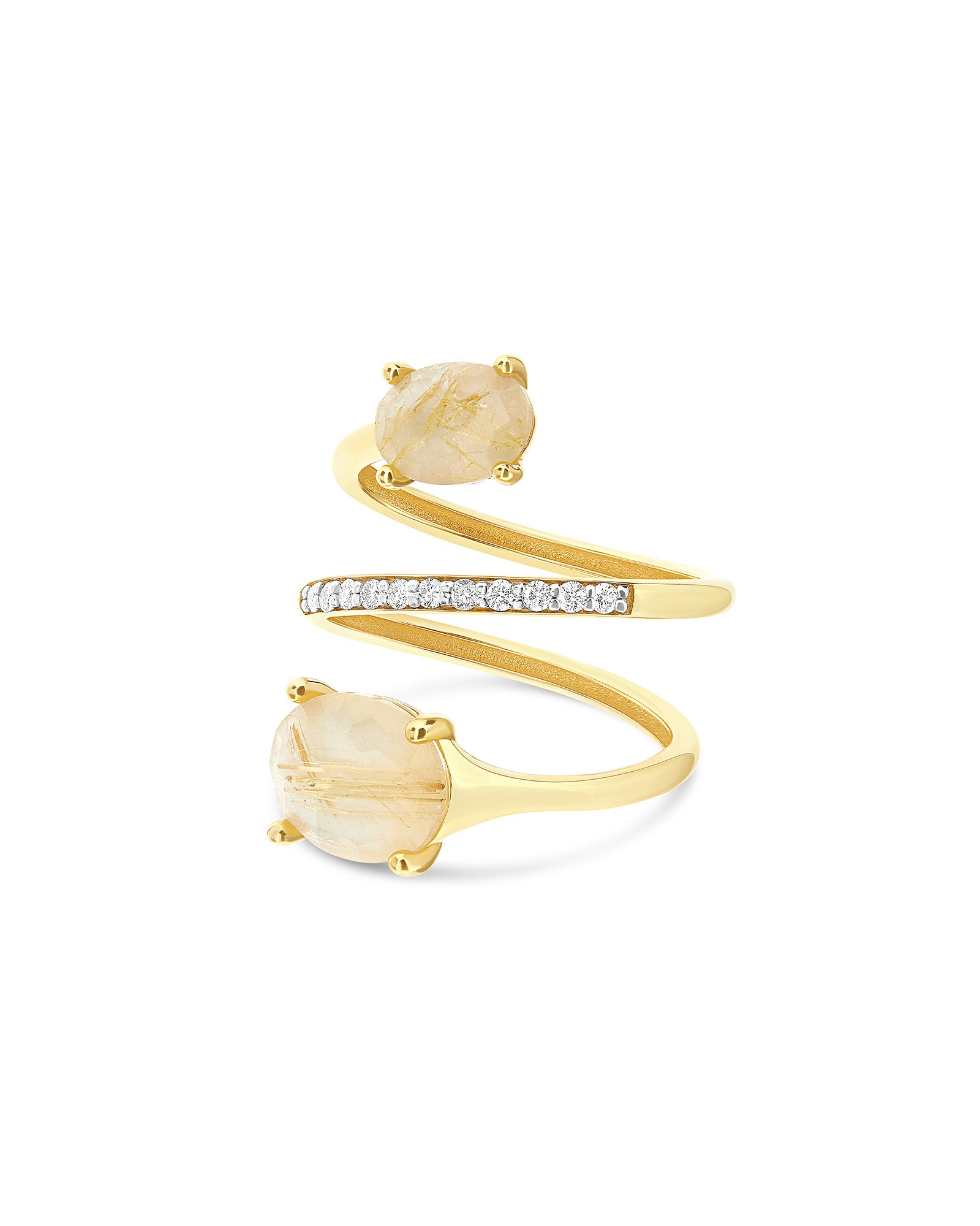 "Ipanema Duna" bypass ring in polished gold, with doublet in rutilated quartz, mother-of-pearl and diamonds