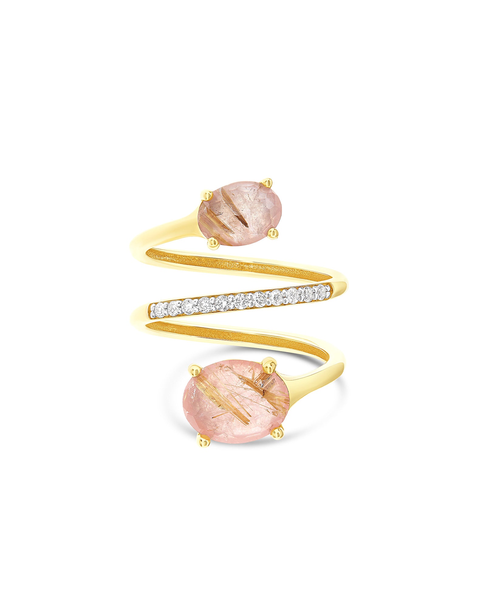 "Ipanema Sol" bypass ring in polished gold, with triplet of rutilated quartz, mother-of-pearl, pink jade and diamonds