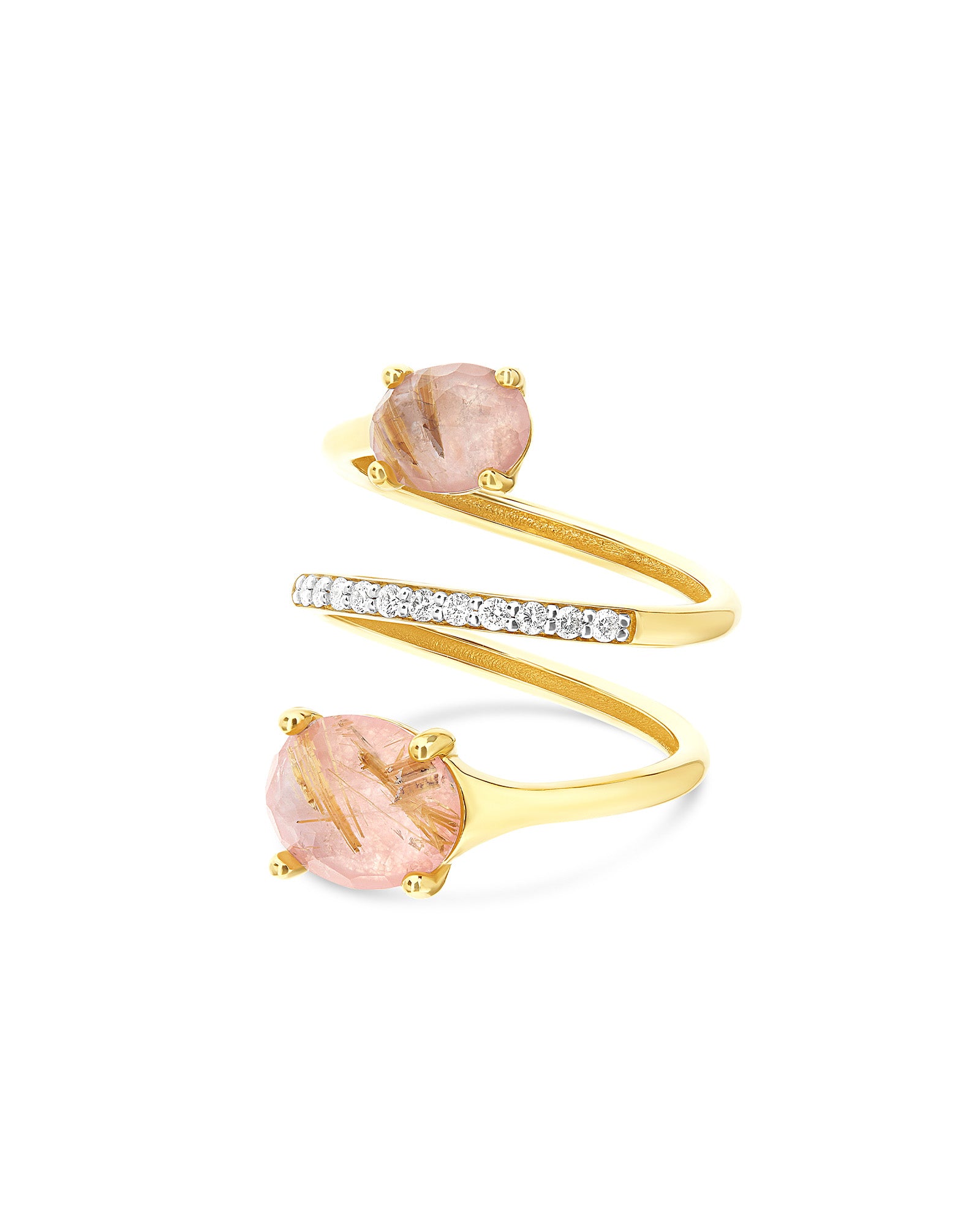 "Ipanema Sol" bypass ring in polished gold, with triplet of rutilated quartz, mother-of-pearl, pink jade and diamonds
