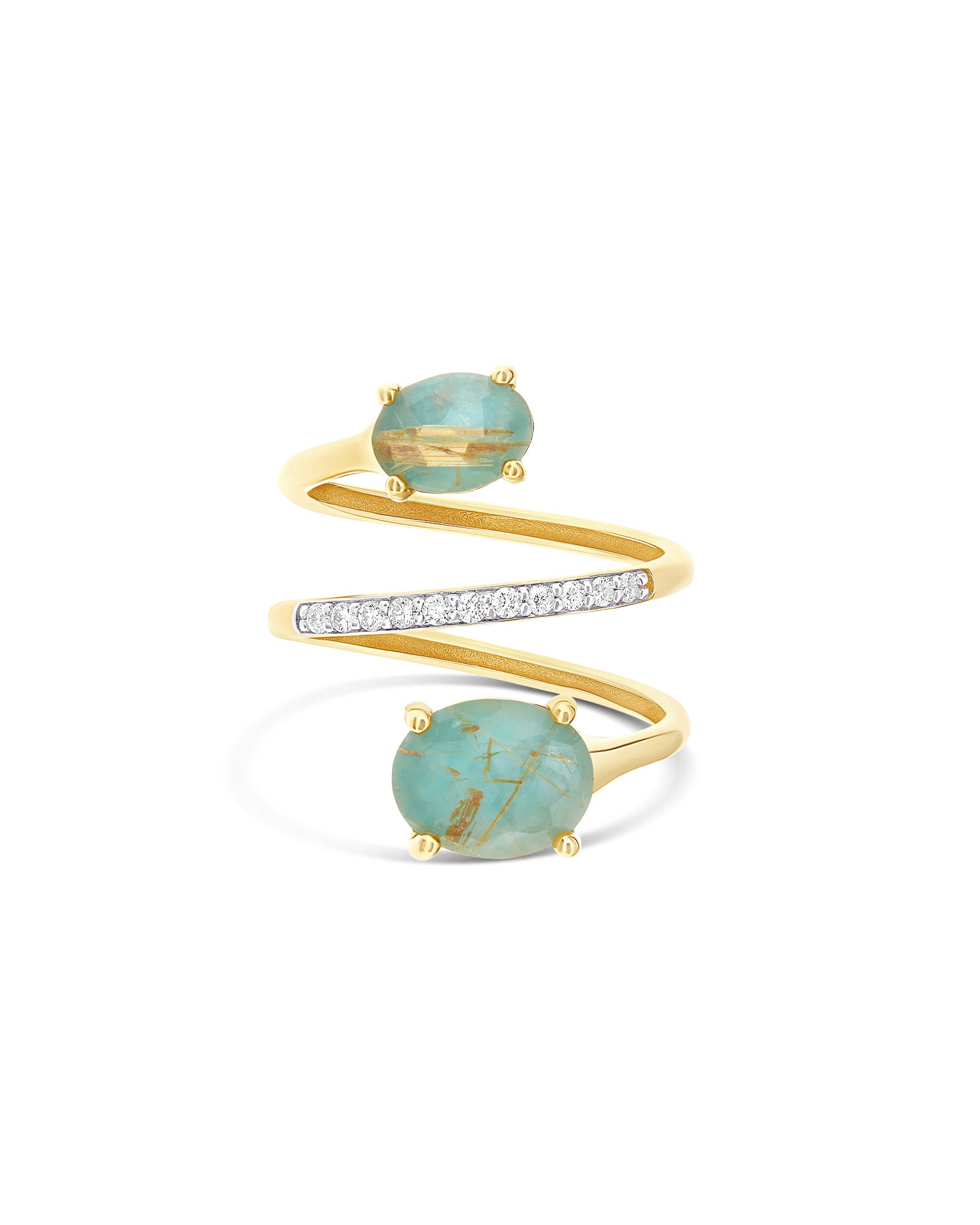 "Ipanema Maré" bypass ring in polished gold, with triplet of rutilated quartz, mother-of-pearl, amazonite and diamonds
