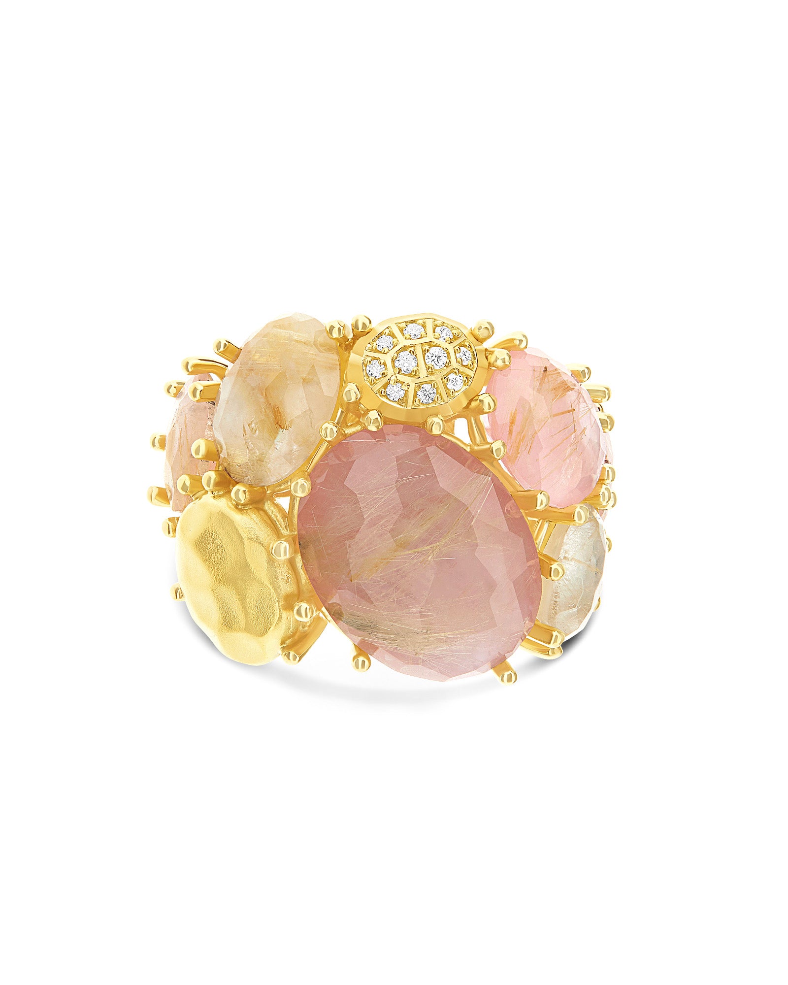 "Ipanema Sol" band ring in polished gold, with triplet of rutilated quartz, mother-of-pearl, pink jade and diamonds