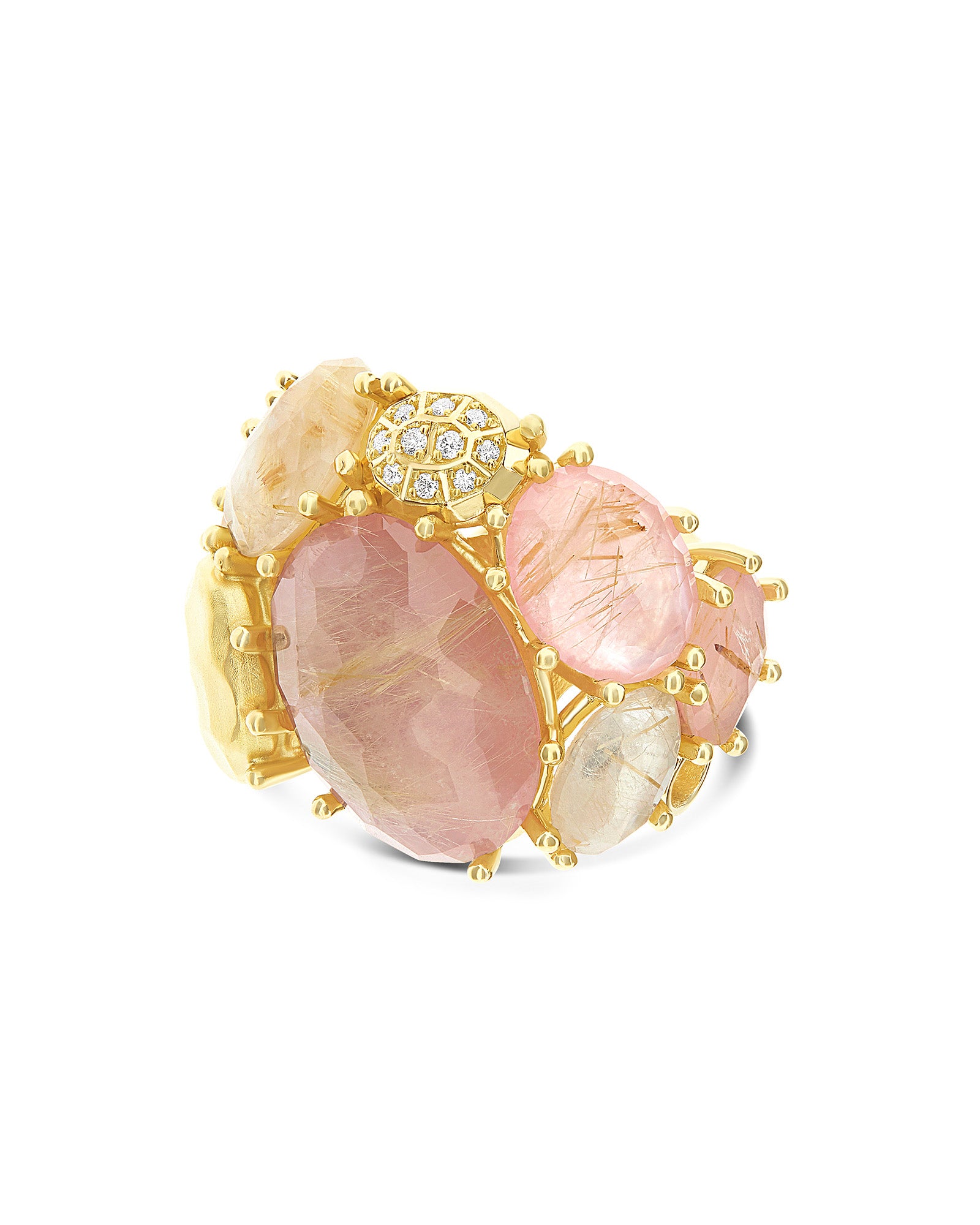 "Ipanema Sol" band ring in polished gold, with triplet of rutilated quartz, mother-of-pearl, pink jade and diamonds