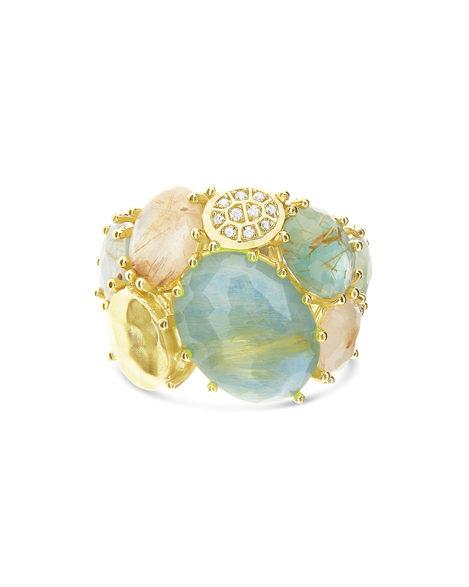 "Ipanema Maré" band ring in polished gold, with triplet of rutilated quartz, mother-of-pearl, amazonite and diamonds