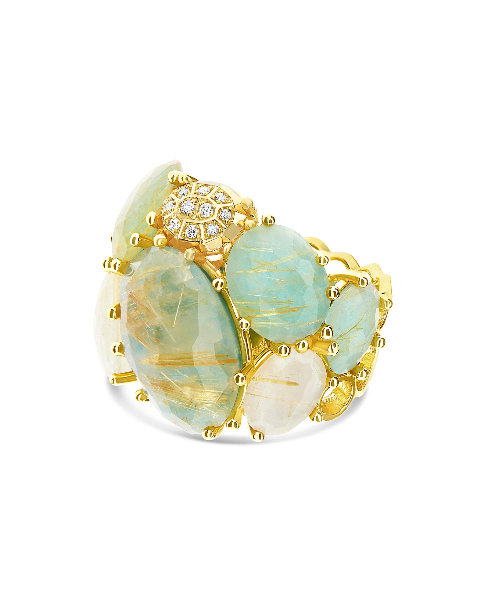 "Ipanema Maré" band ring in polished gold, with triplet of rutilated quartz, mother-of-pearl, amazonite and diamonds