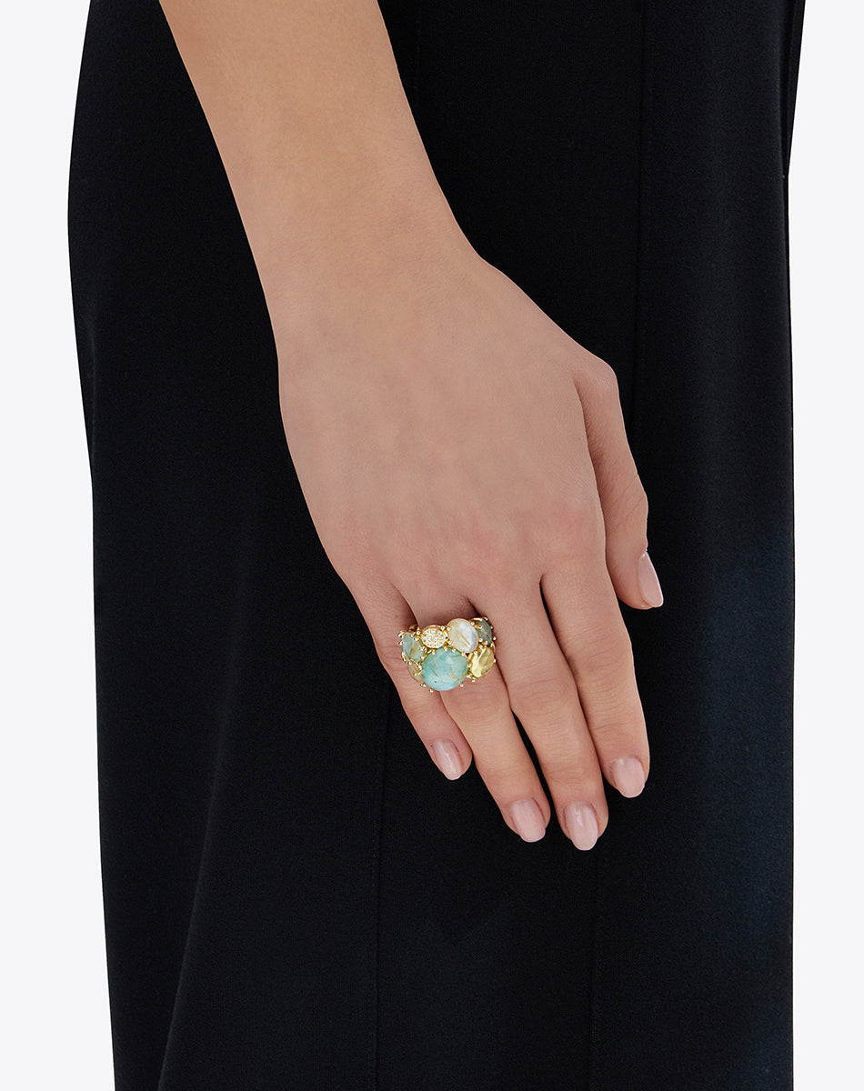 "Ipanema Maré" band ring in polished gold, with triplet of rutilated quartz, mother-of-pearl, amazonite and diamonds