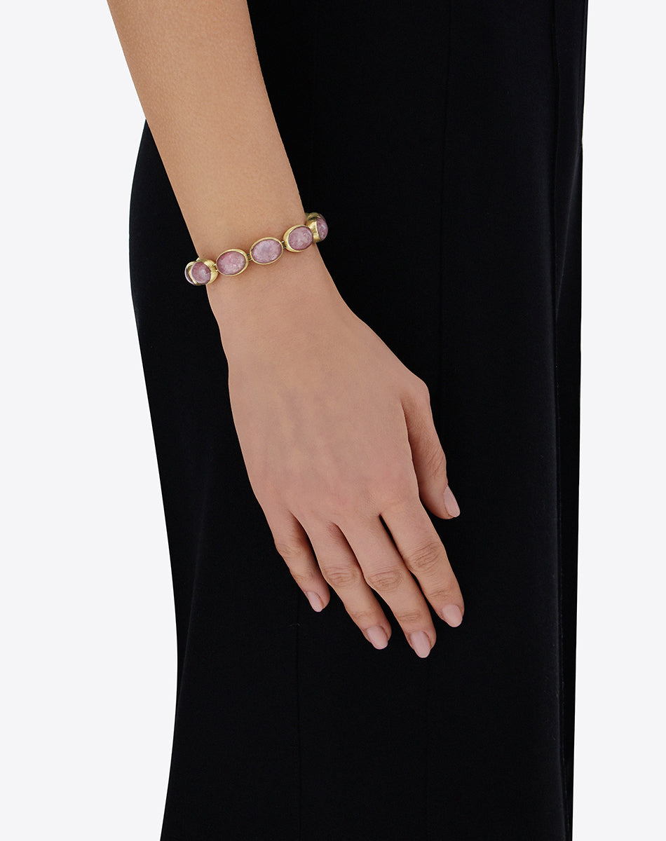 Violetta “Muse” double-sided beaded bracelet in engraved gold, lepidolite and mother-of-pearl (small)