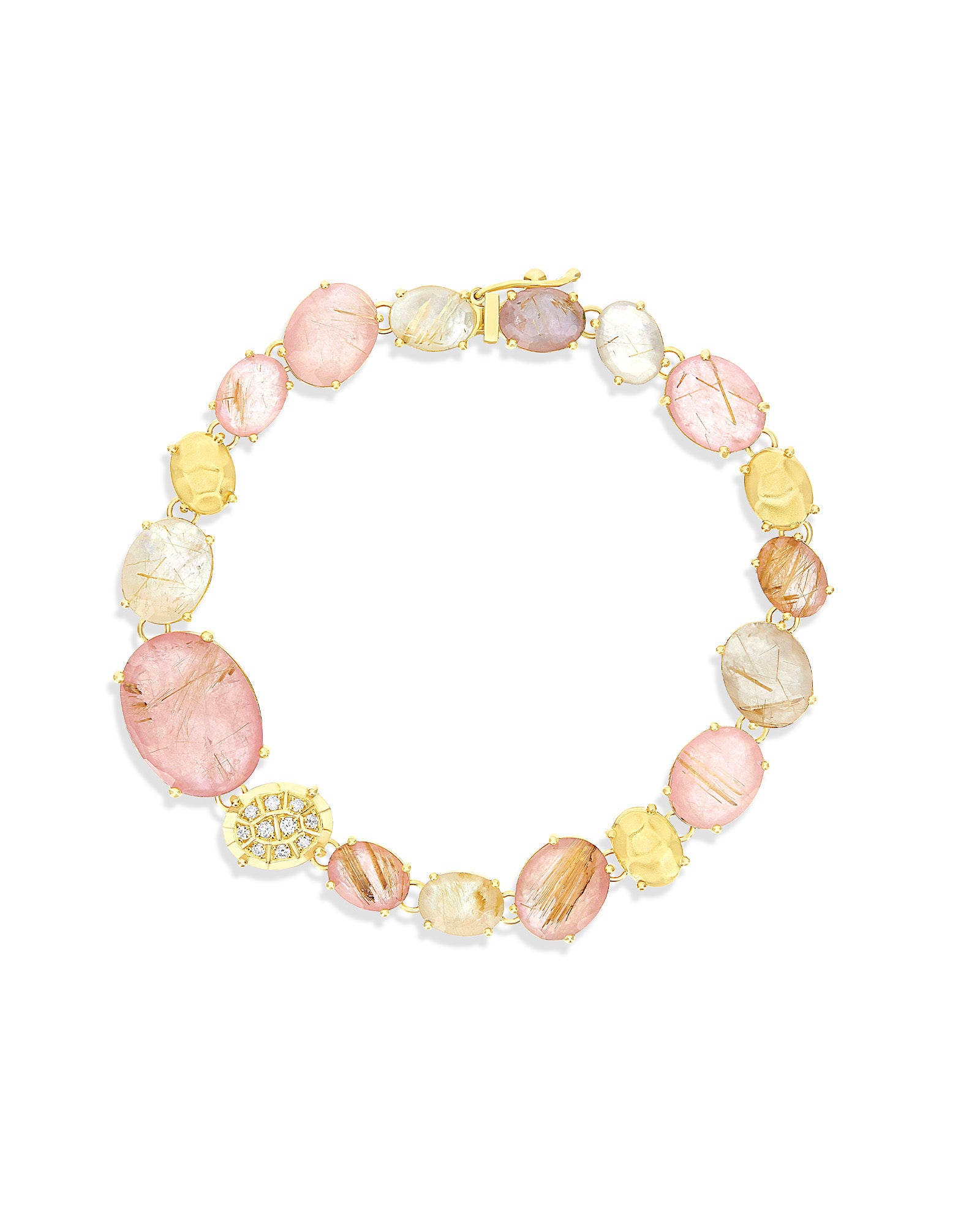 "Ipanema Sol" bracelet in polished gold, with triplet of rutilated quartz, mother-of-pearl, pink jade and diamonds
