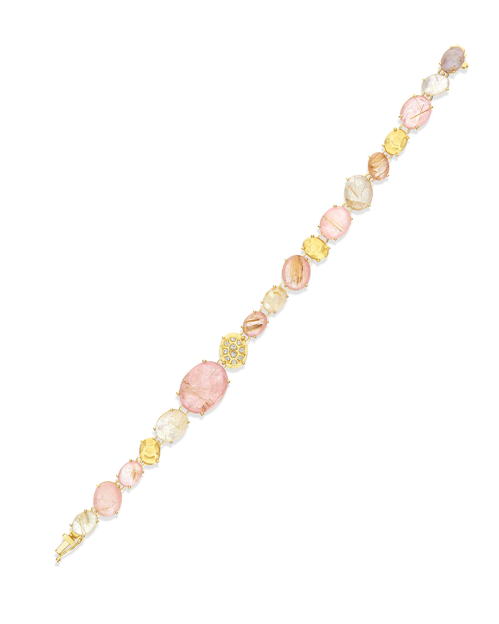 "Ipanema Sol" bracelet in polished gold, with triplet of rutilated quartz, mother-of-pearl, pink jade and diamonds