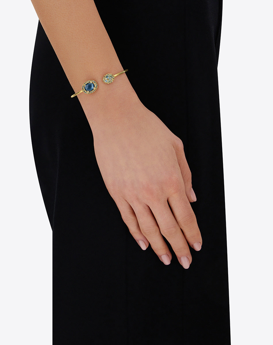 "Reverse" Gold, Blue Diamonds, Swiss Blue Topaz, Green Sapphires and London Blue Topaz Bangle