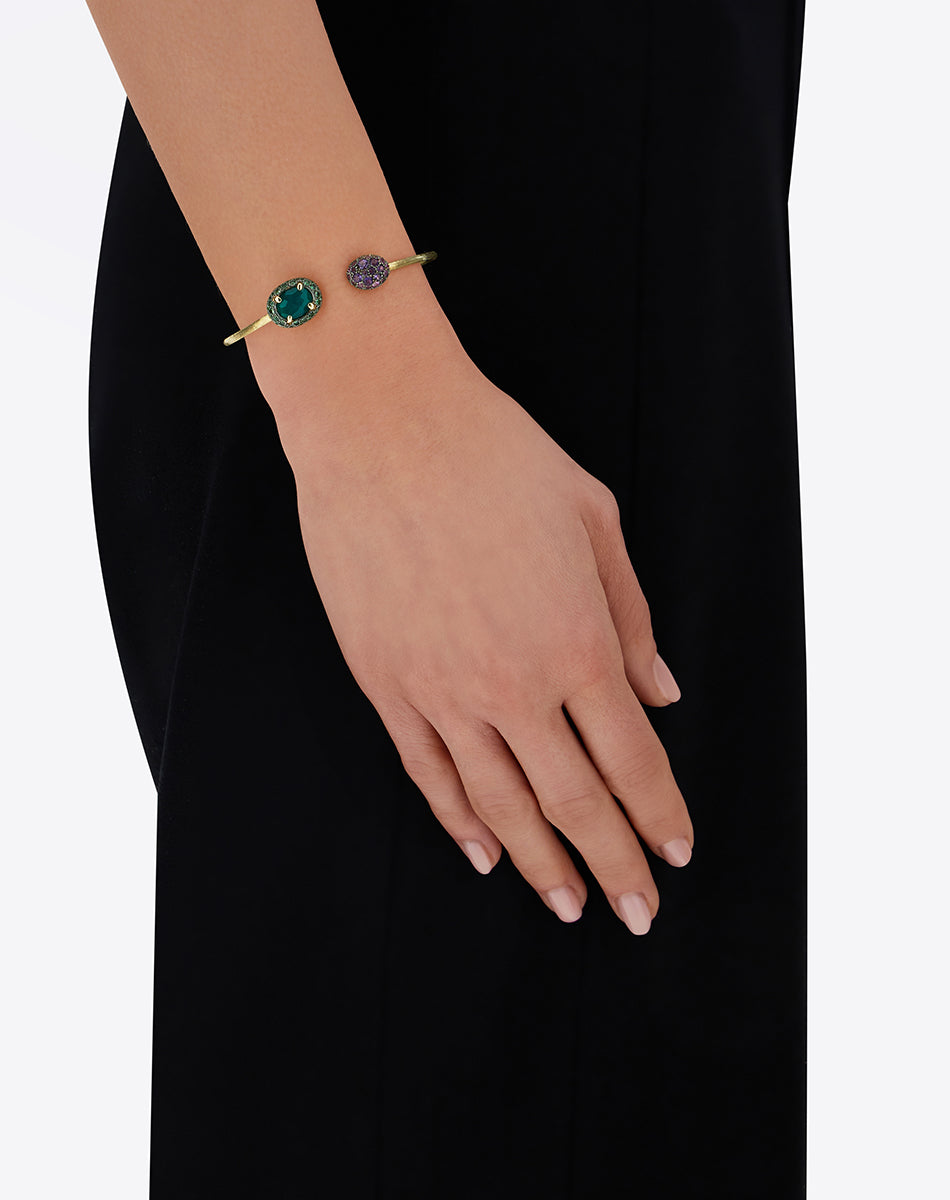 "Reverse" Gold, Sapphire, Tsavorite, Amethyst, Green Labradorite and Rock Crystal Bangle