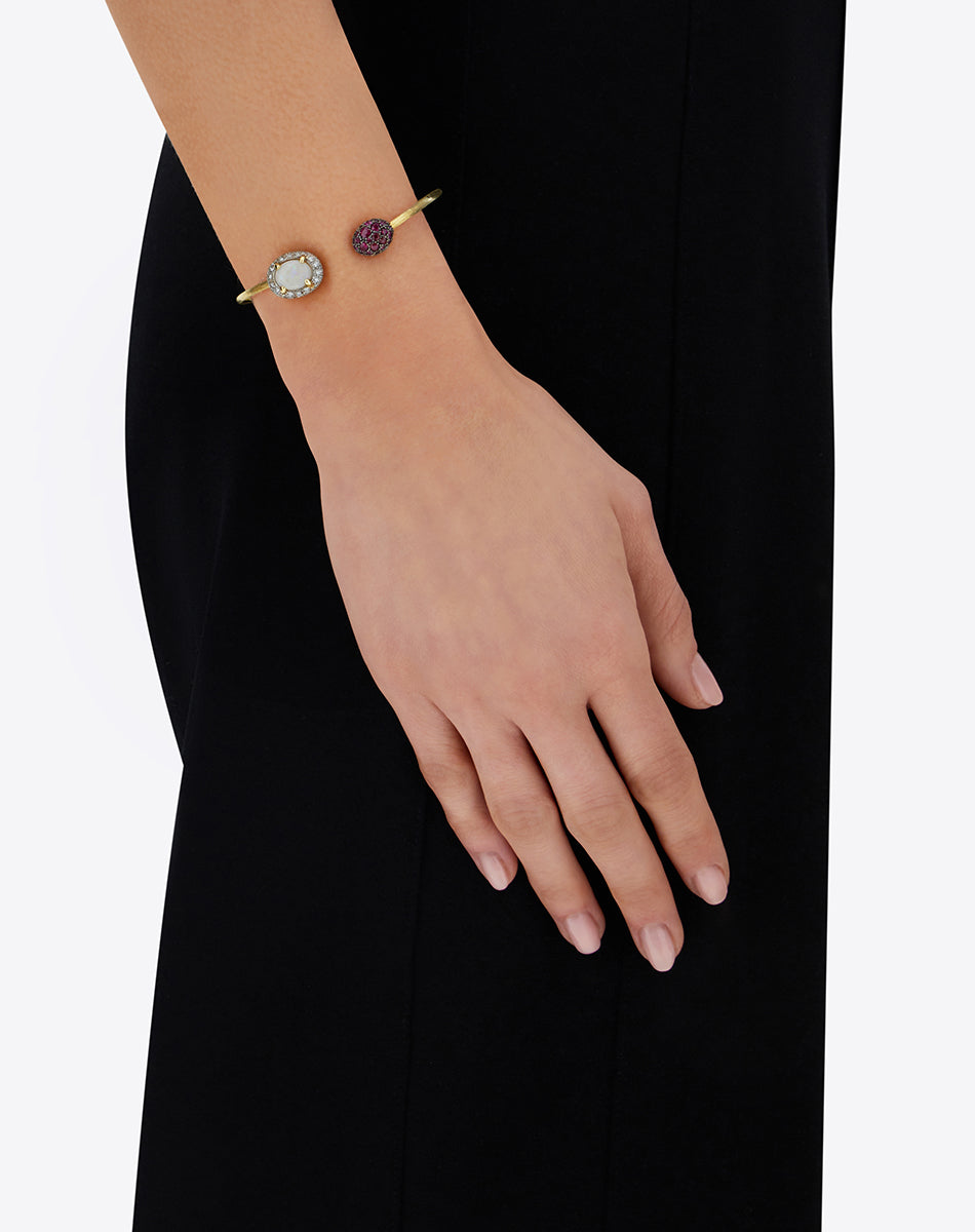 "Reverse" Gold, Pink Sapphires, Rubies, White Australian Opal and Diamonds Bangle