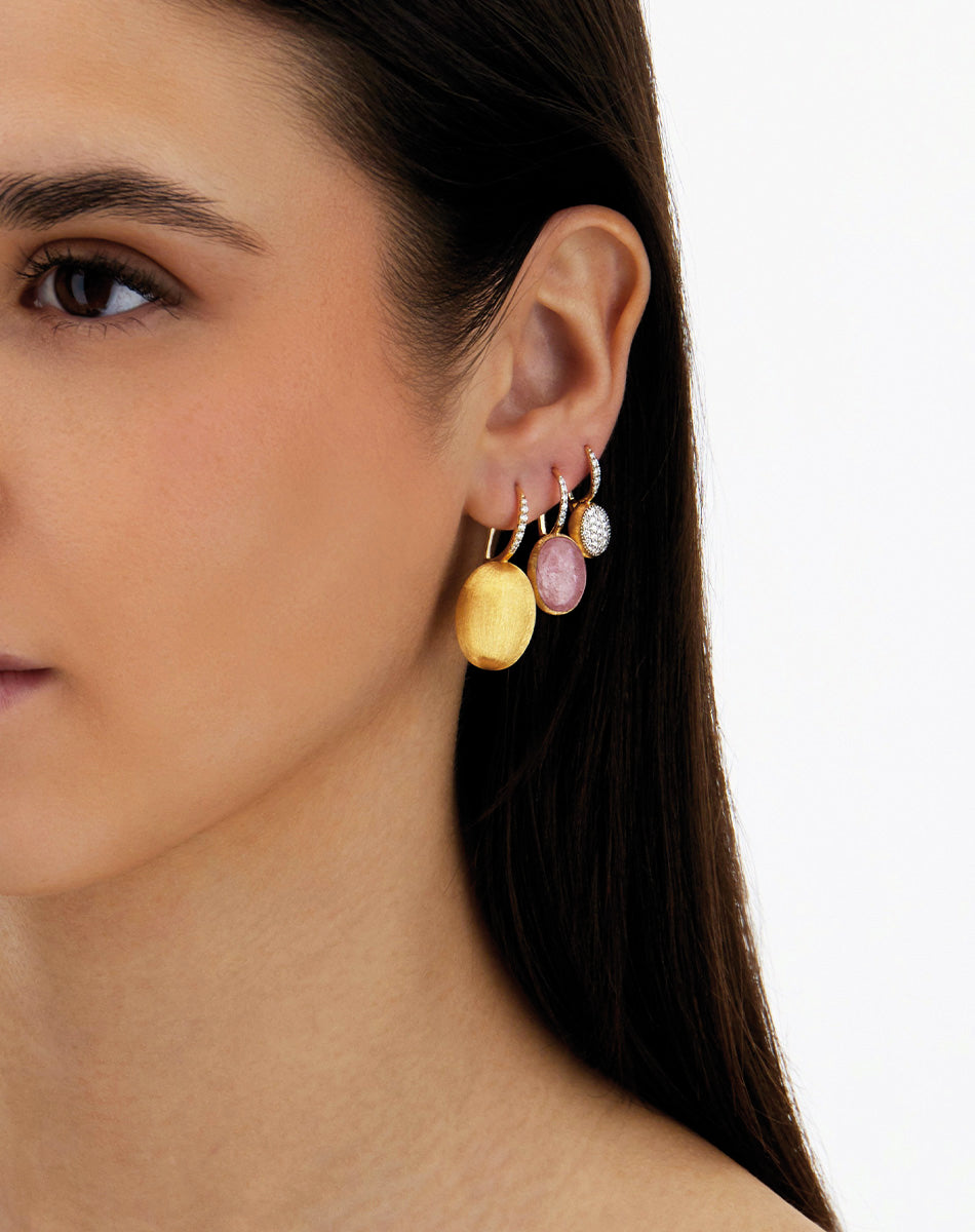 "Boules" Rosolio Ciliegine gold, rock crystal, strawberry quartz, and mother-of-pearl ball drop earrings with diamonds details (Medium)