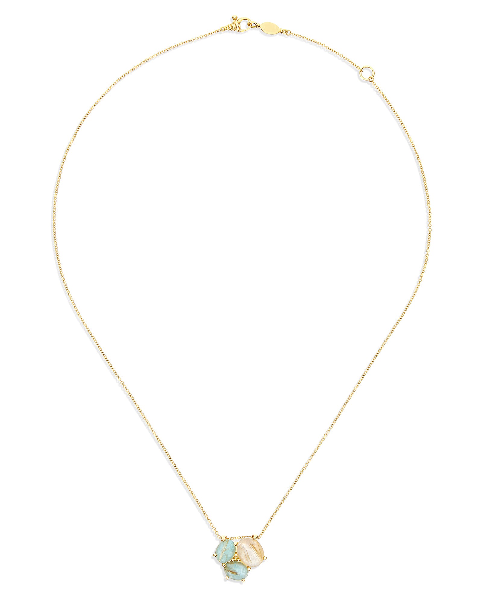 "Ipanema Maré" necklace with trilogy pendant in polished gold, with triplet of rutilated quartz, mother-of-pearl and amazonite