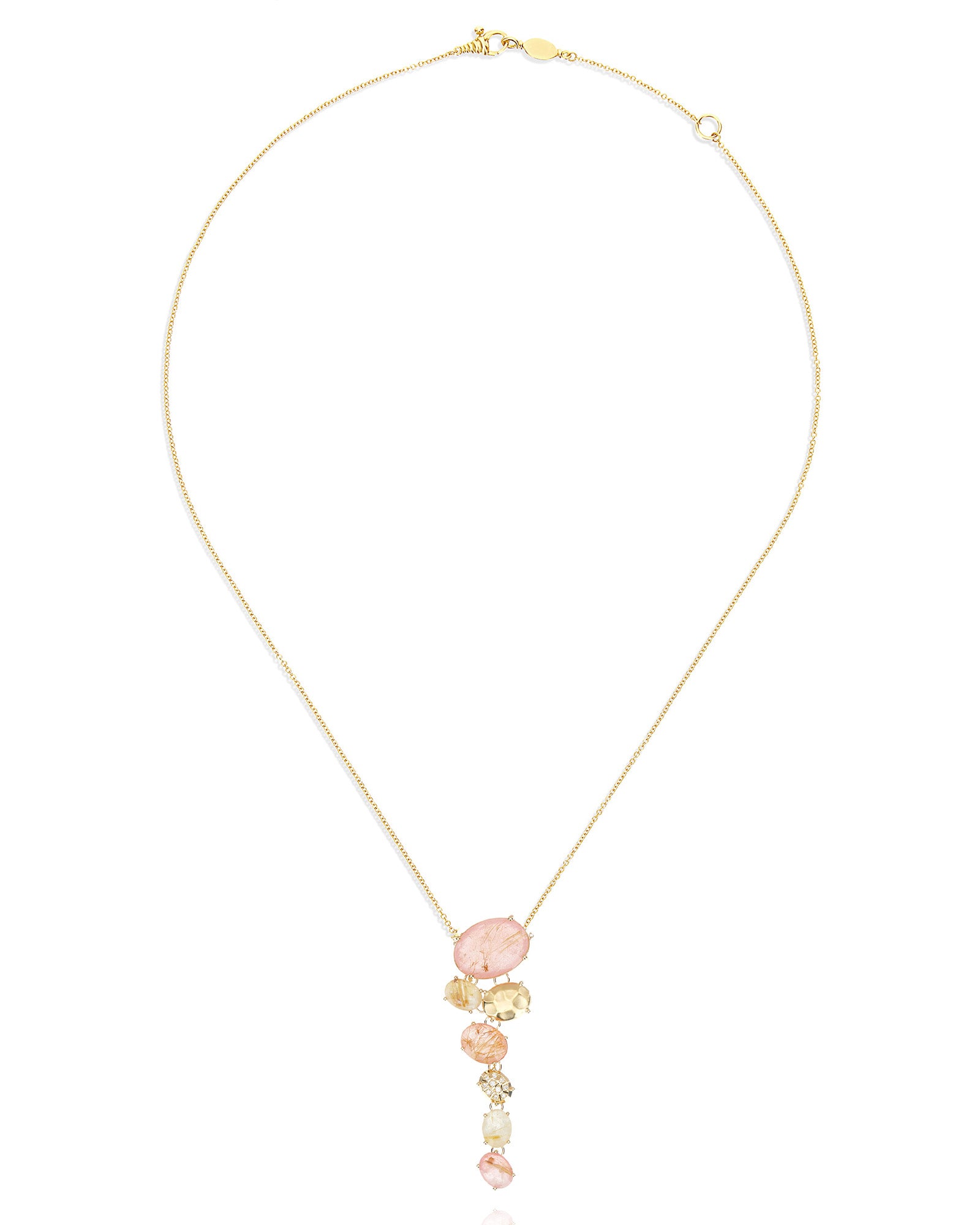 "Ipanema Sol" necklace with tapered pendant in polished gold, and triplet of rutilated quartz, mother-of-pearl and pink jade