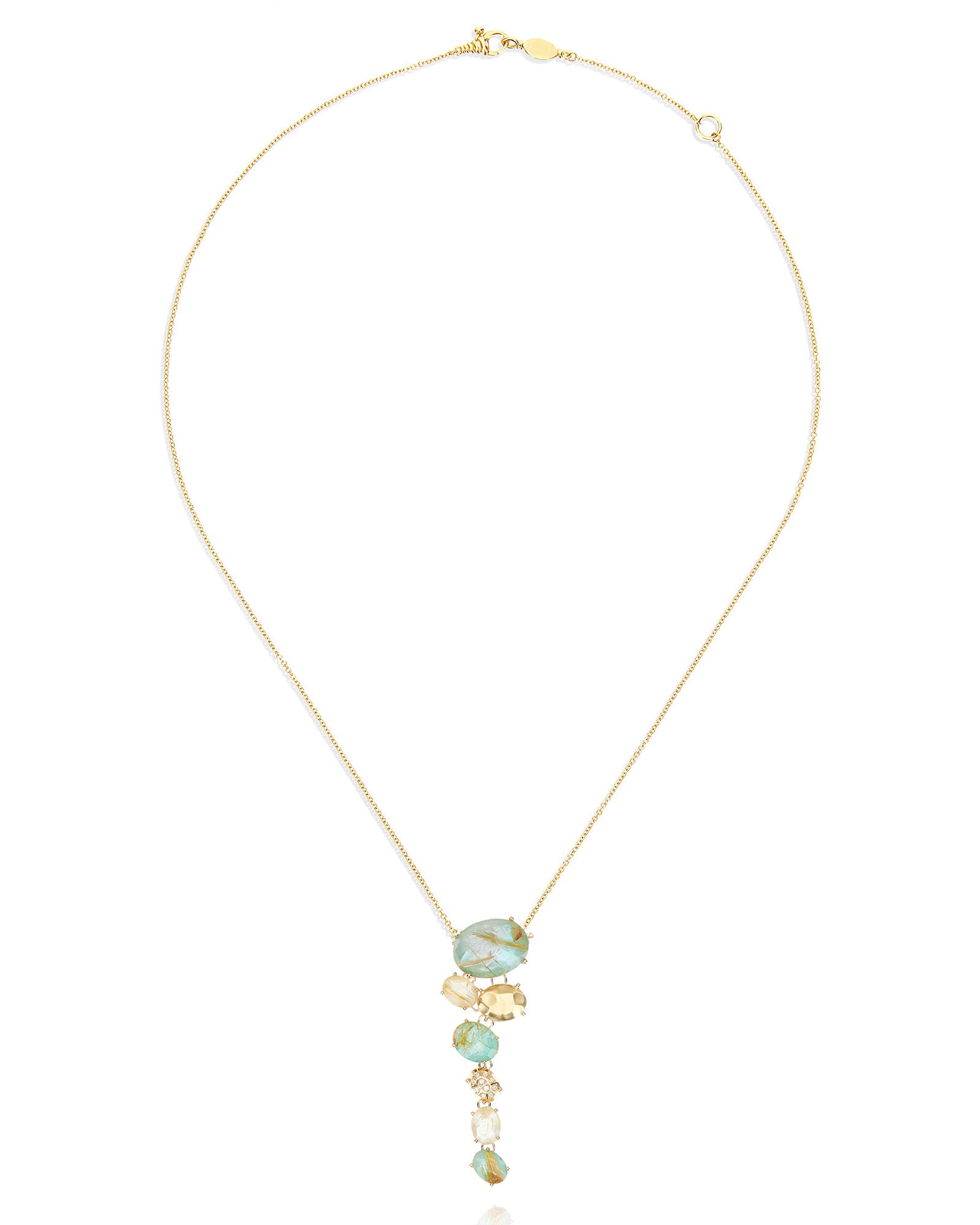 "Ipanema Maré" necklace with tapered pendant in polished gold, and triplet of rutilated quartz, mother-of-pearl and amazonite