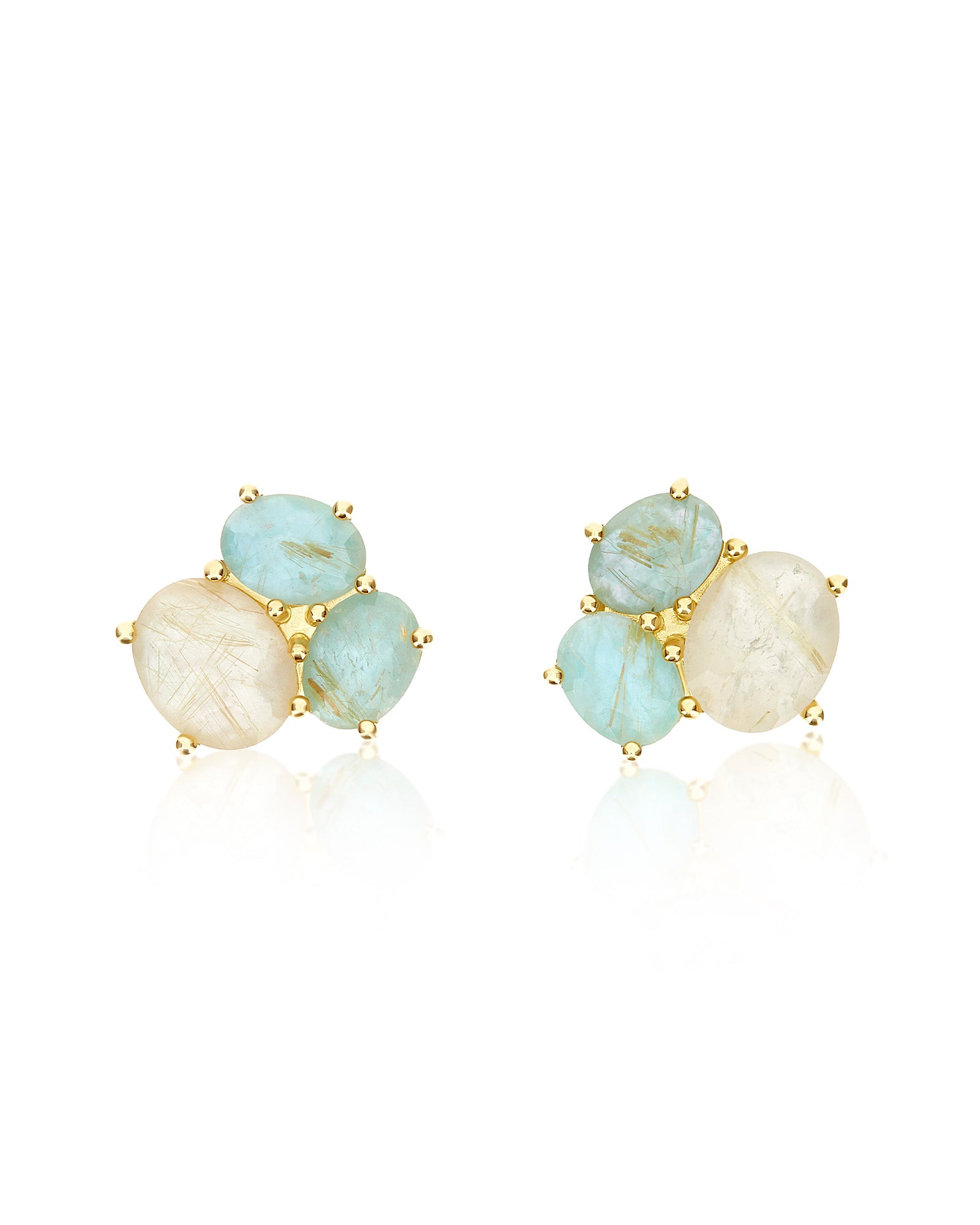 "Ipanema Maré" earrings in polished gold with triplet of rutilated quartz, mother-of-pearl and amazonite