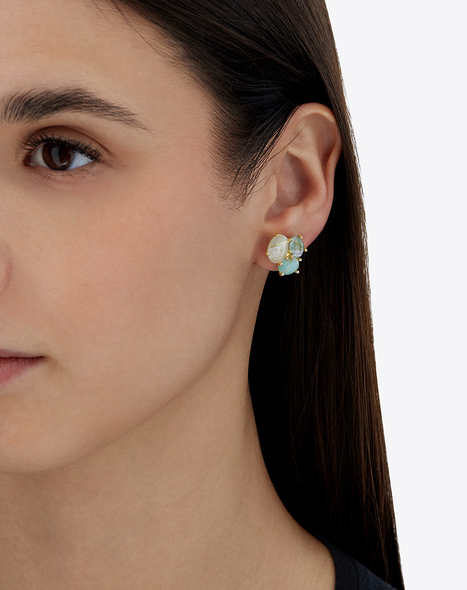 "Ipanema Maré" earrings in polished gold with triplet of rutilated quartz, mother-of-pearl and amazonite