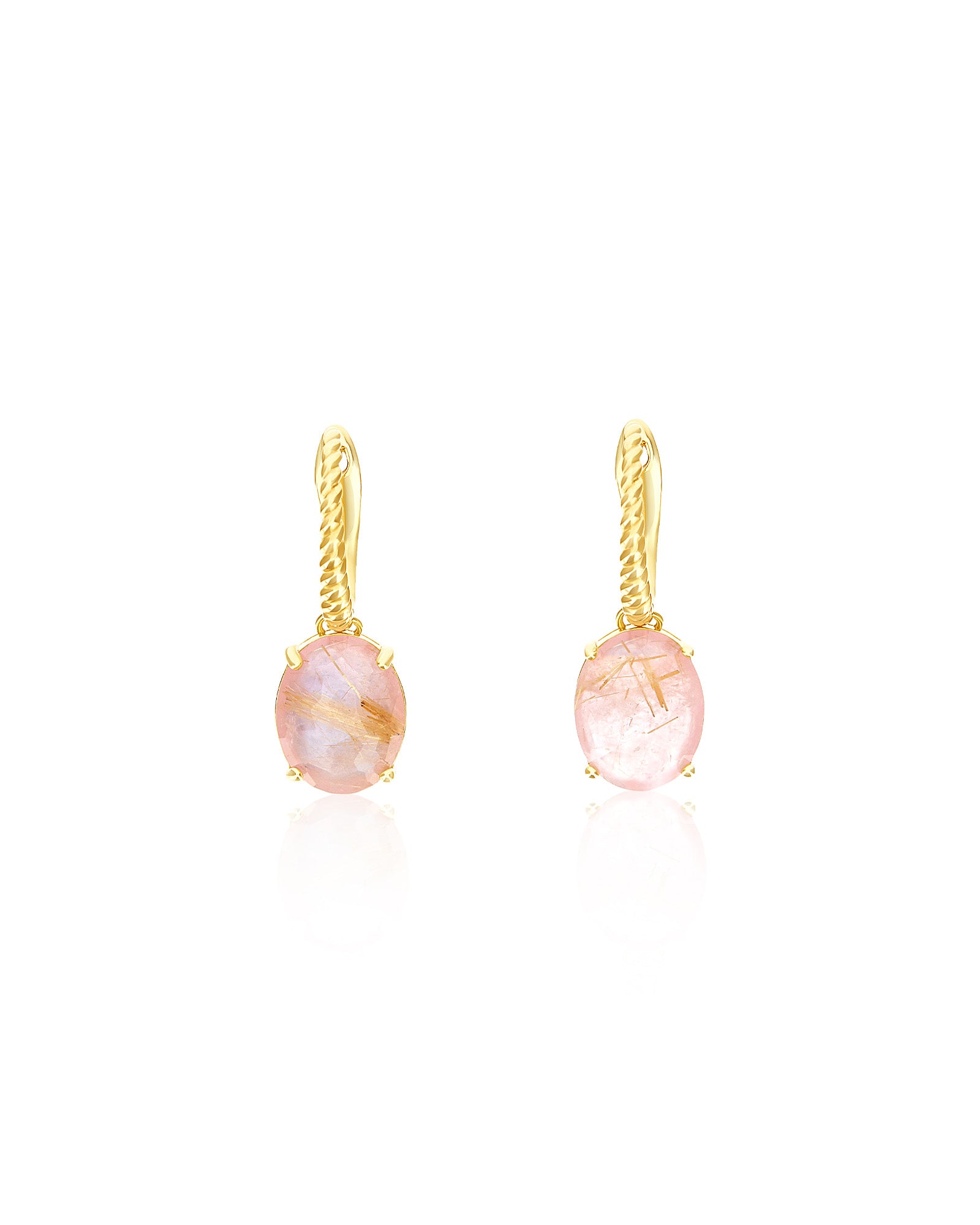 "Ipanema Sol" leverback earrings in polished gold with triplet of rutilated quartz, mother-of-pearl and pink jade (small)