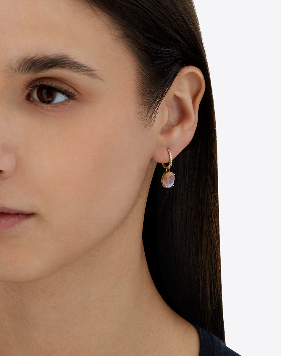 "Ipanema Sol" leverback earrings in polished gold with triplet of rutilated quartz, mother-of-pearl and pink jade (small)