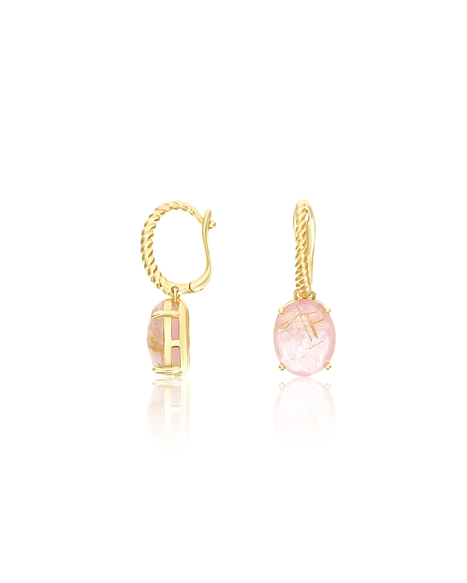 "Ipanema Sol" leverback earrings in polished gold with triplet of rutilated quartz, mother-of-pearl and pink jade (small)
