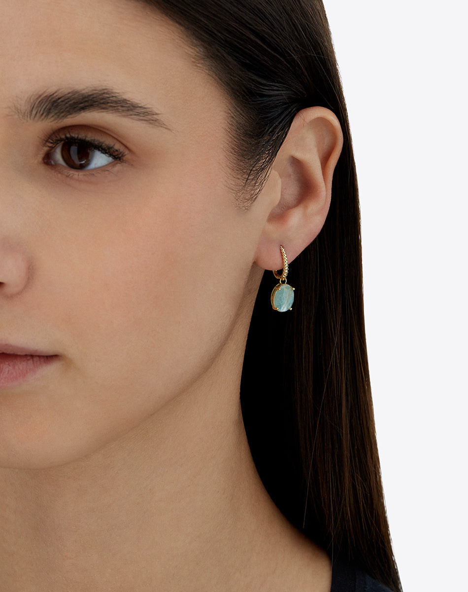 "Ipanema Maré" leverback earrings in polished gold with triplet of rutilated quartz, mother-of-pearl and amazonite (small)