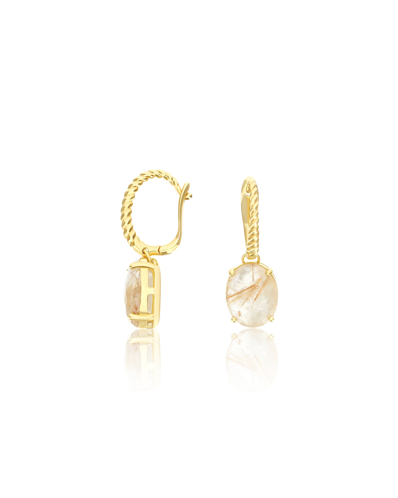 "Ipanema Duna" leverback earrings in polished gold with doublet of rutilated quartz and mother-of-pearl (small)
