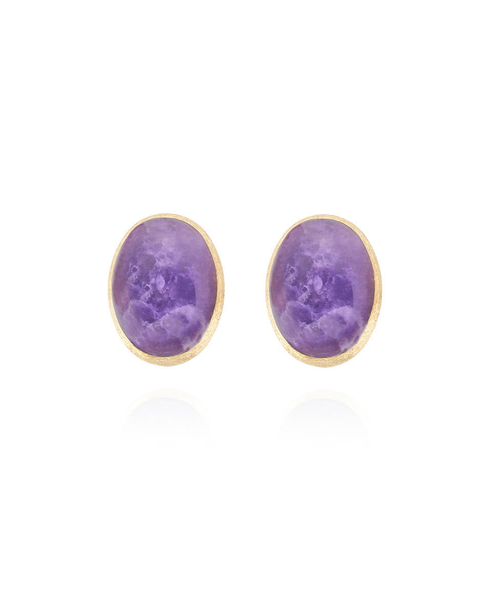 Violetta “Muse” stud earrings in engraved gold, lepidolite and mother-of-pearl (medium)