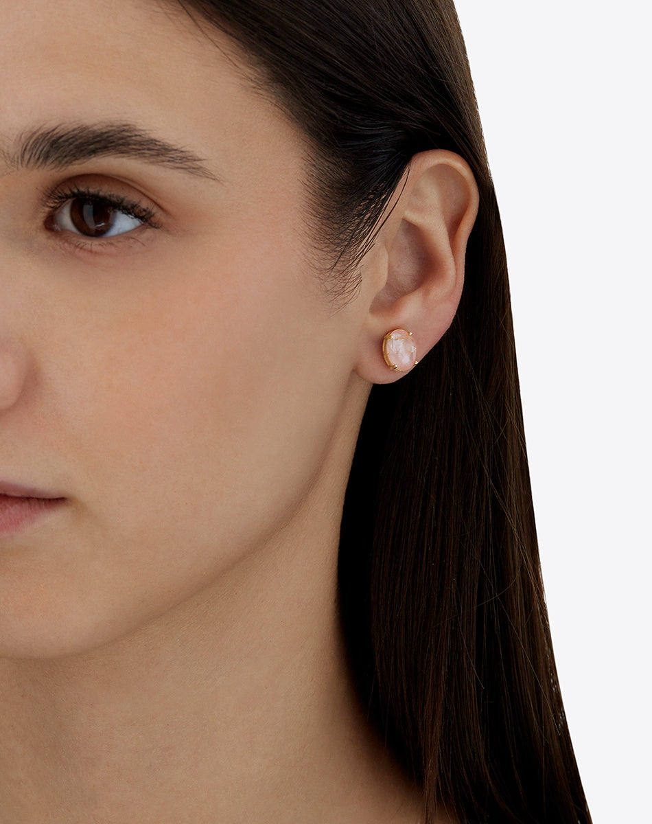 "Ipanema Sol" stud earrings in polished gold with triplet of rutilated quartz, mother-of-pearl and pink jade (large)