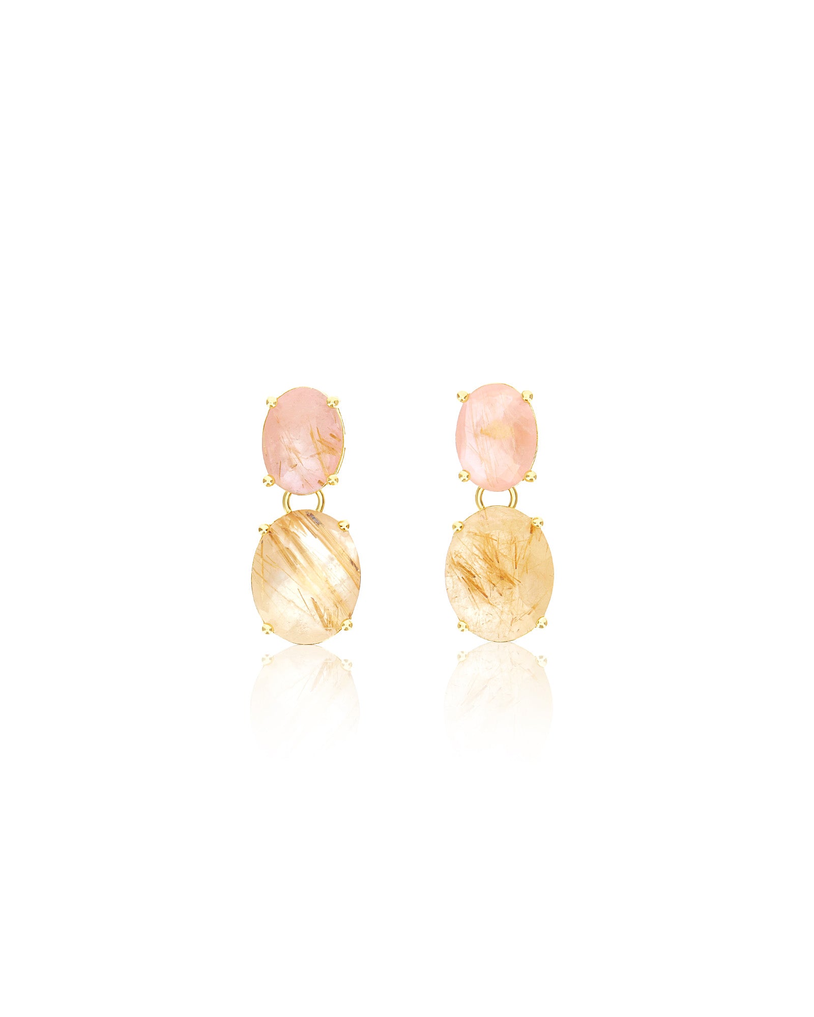 "Ipanema Sol" dangle earrings in polished gold with triplet of rutilated quartz, mother-of-pearl and pink jade
