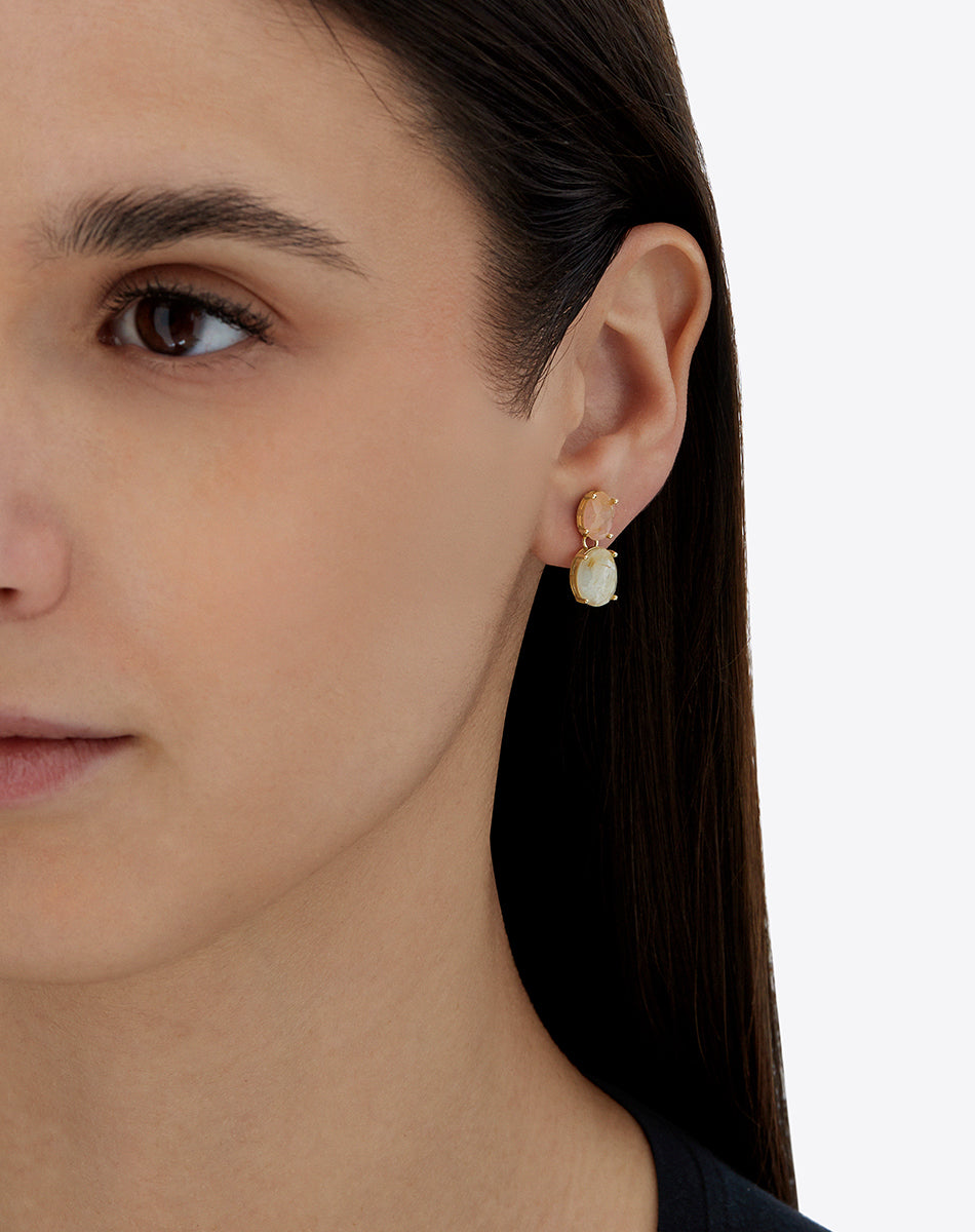 "Ipanema Sol" dangle earrings in polished gold with triplet of rutilated quartz, mother-of-pearl and pink jade