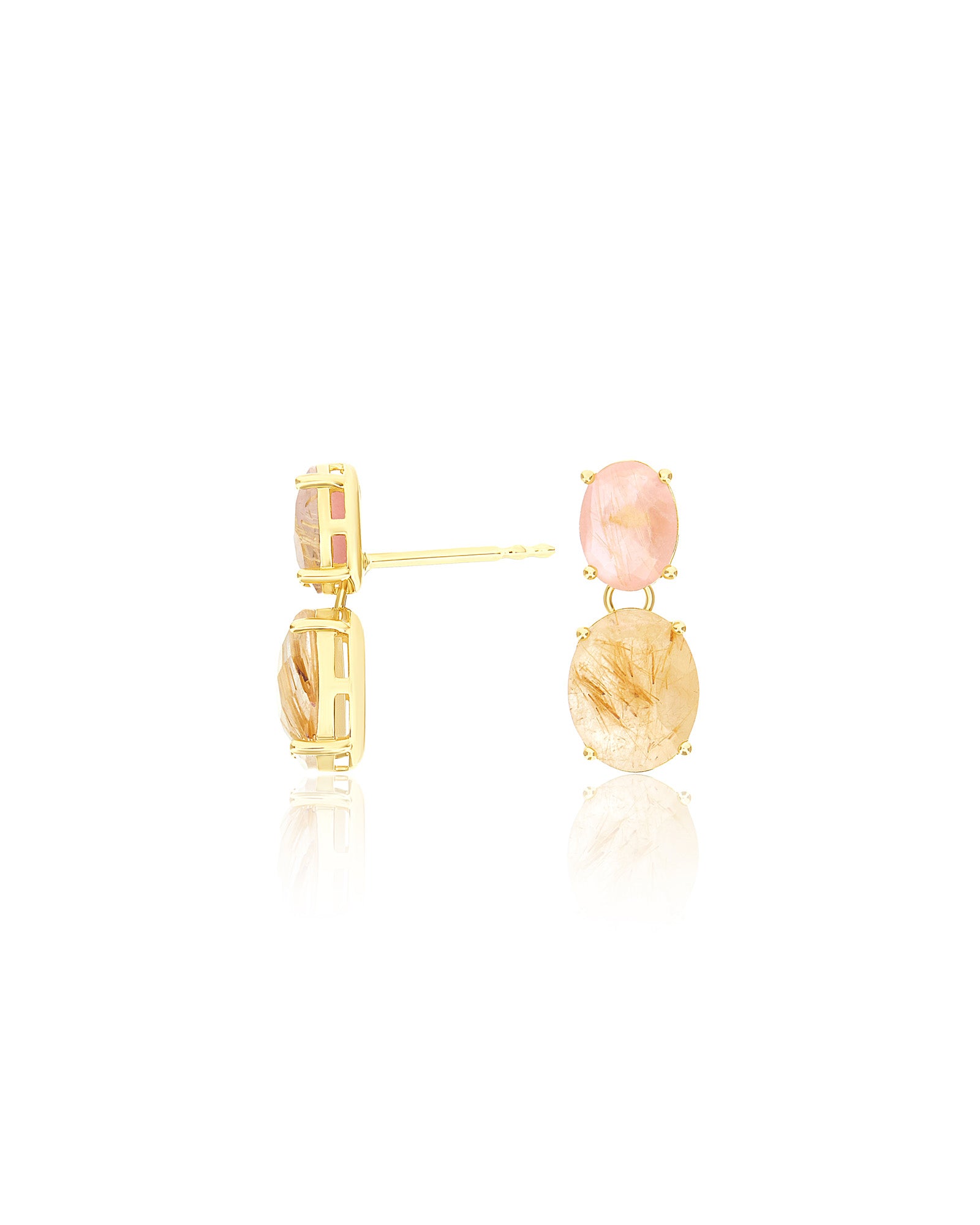 "Ipanema Sol" dangle earrings in polished gold with triplet of rutilated quartz, mother-of-pearl and pink jade