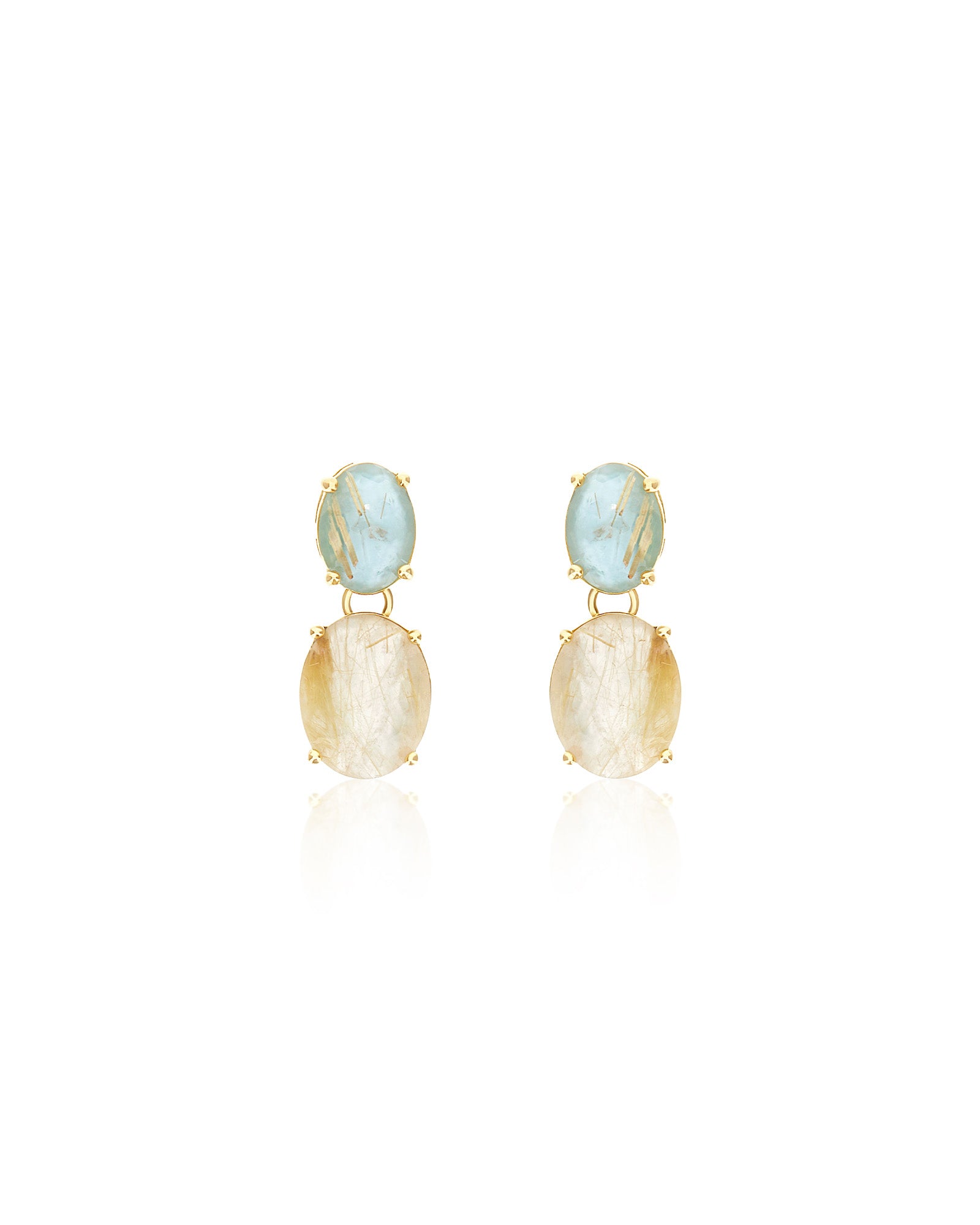 "Ipanema Maré" dangle earrings in polished gold with triplet of rutilated quartz, mother-of-pearl and amazonite