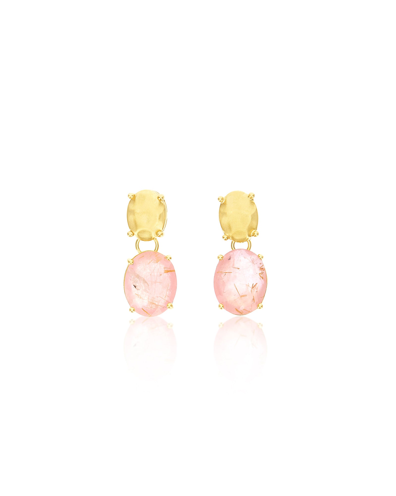 "Ipanema Sol" dangle earrings in polished gold with triplet of rutilated quartz, mother-of-pearl and pink jade
