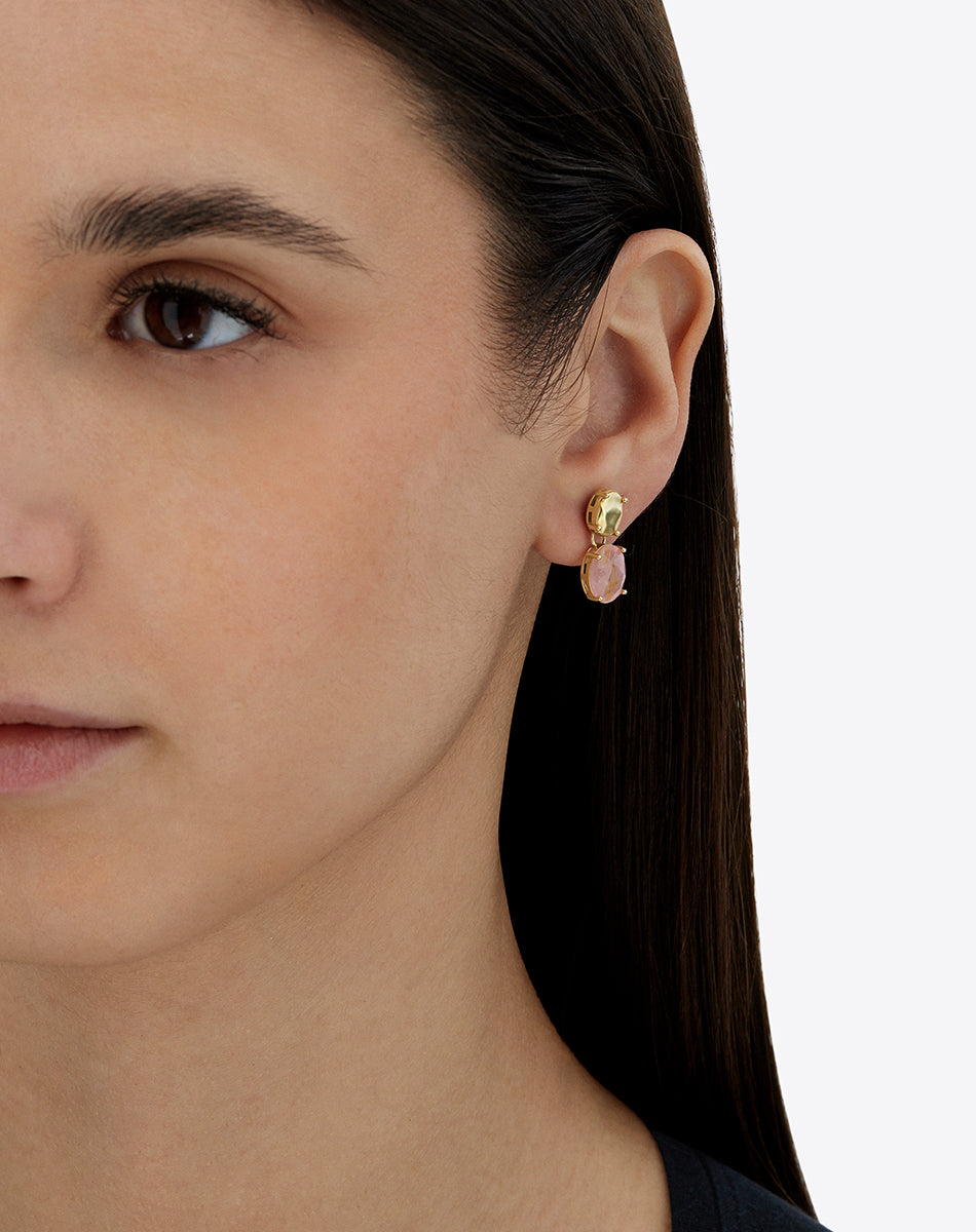 "Ipanema Sol" dangle earrings in polished gold with triplet of rutilated quartz, mother-of-pearl and pink jade