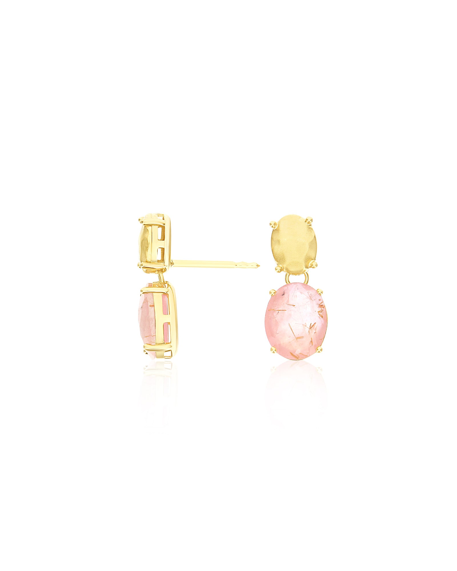 "Ipanema Sol" dangle earrings in polished gold with triplet of rutilated quartz, mother-of-pearl and pink jade
