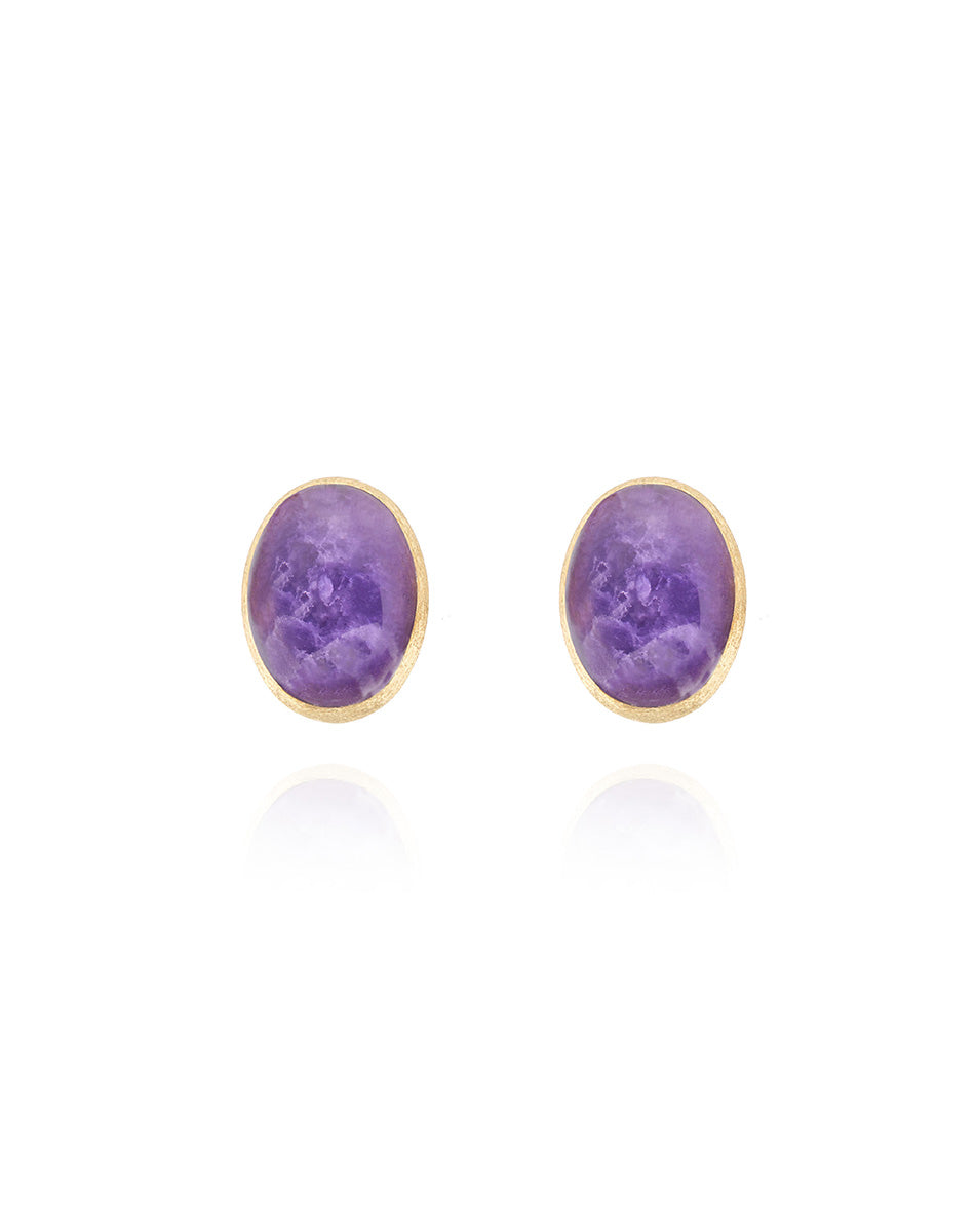 Violetta “Muse” stud earrings in engraved gold, lepidolite and mother-of-pearl (small)